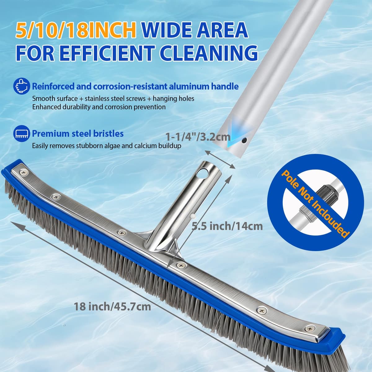 Cepillo Piscina 18 Pulgadas (45,7 cm) con cerdas de Acero y Nylon, Cepillo Limpieza Piscina con Base de Aluminio y Clip EZ para pértiga telescópica, Cepillo Resistente para Fondo y Paredes enterrada — view 2
