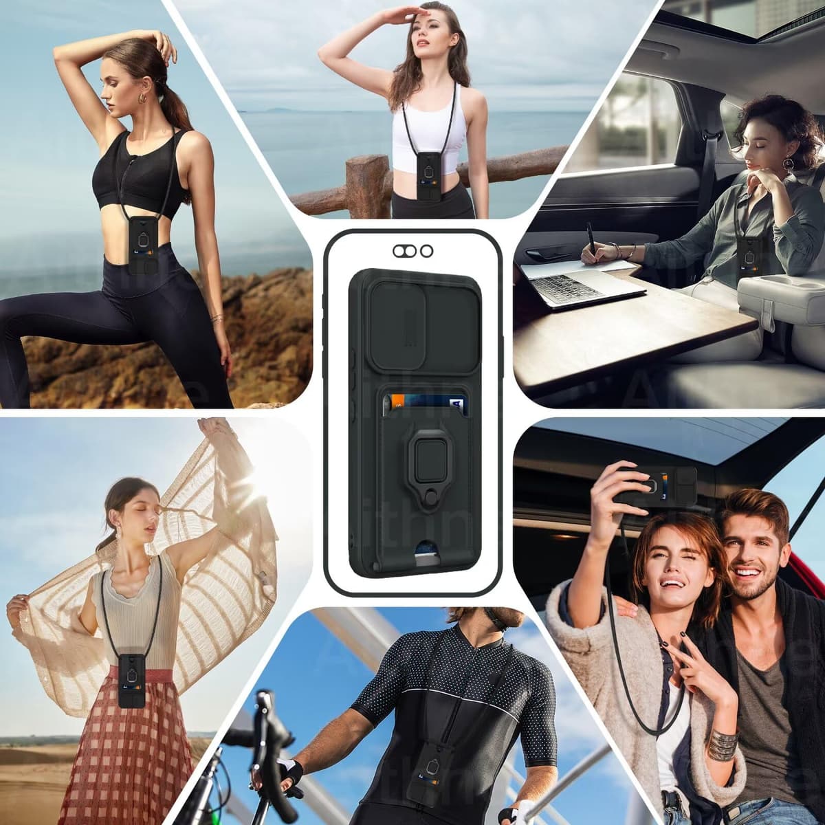 Funda con Cuerda para iPhone 12 Pro MAX Case con Ranura para Tarjetas,360 Anillo función de Soporte Cubierta -Negro — view 2