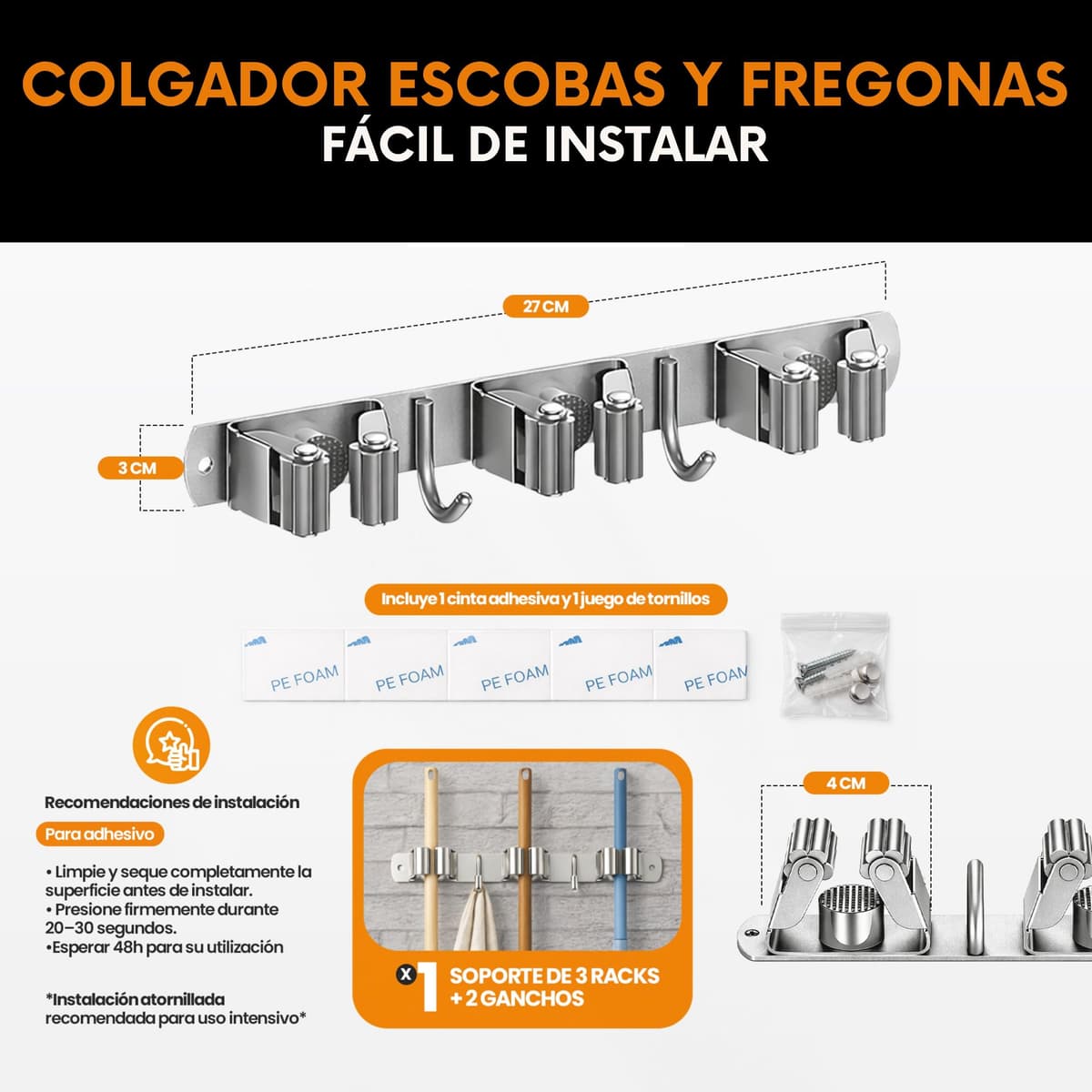 Pack Colgador Escobas y Fregonas + 1 Soporte Escobas Pared Adhesivo + 4 Ganchos | Acero Inoxidable Apto Exterior | Instalación con o sin Taladro (Incluye Adhesivo y Tornillería) | Hasta 15kg — view 4