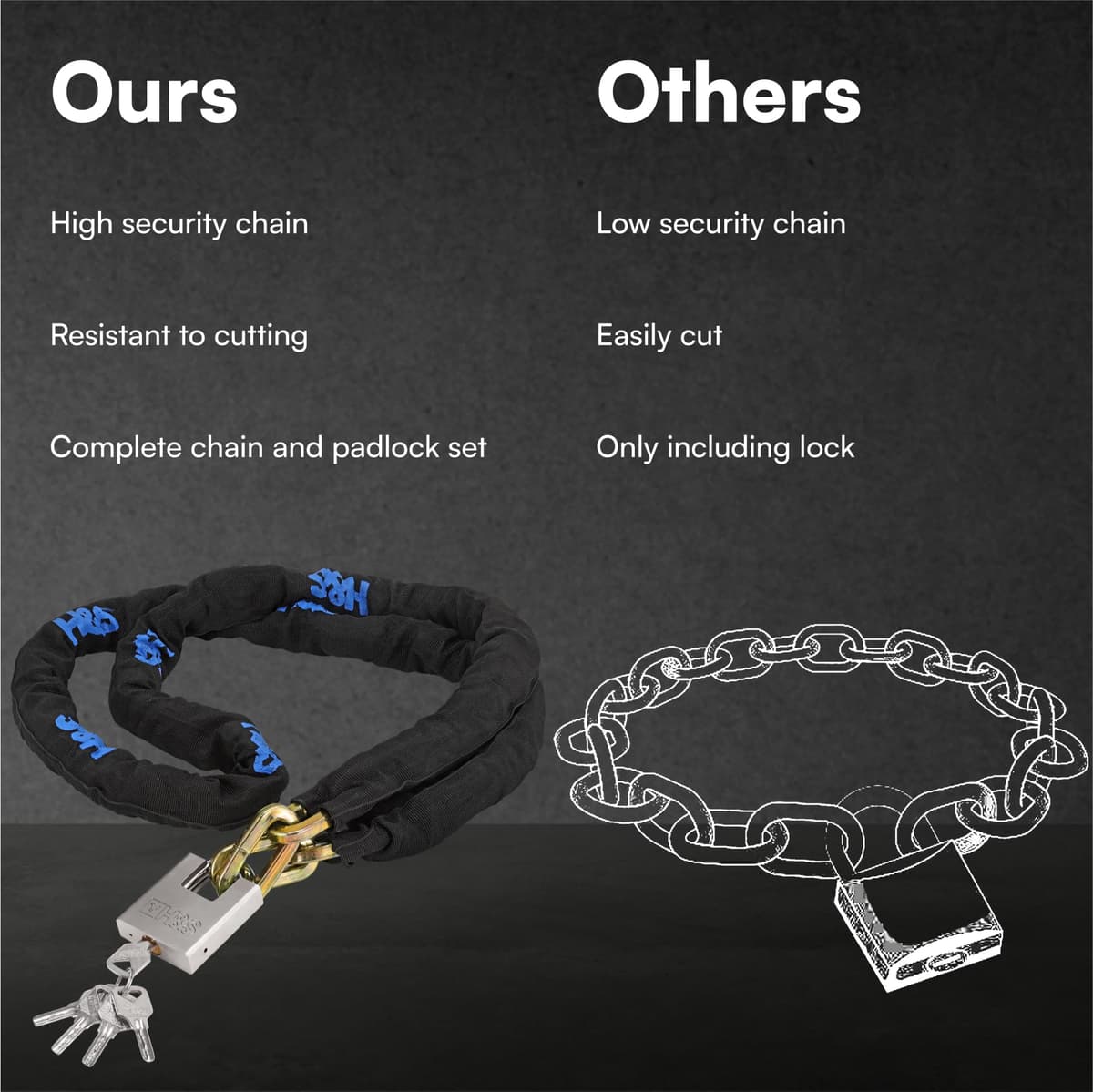 H&S Heavy Duty Motorbike Lock with Padlock | 10mm x 2m | Motorcycle Lock with Security Chain | 2m Bike Locks High Security | Strong Chain & Padlock | Moped Cycle locks (10mm Dia x 2000mm Length) — view 6