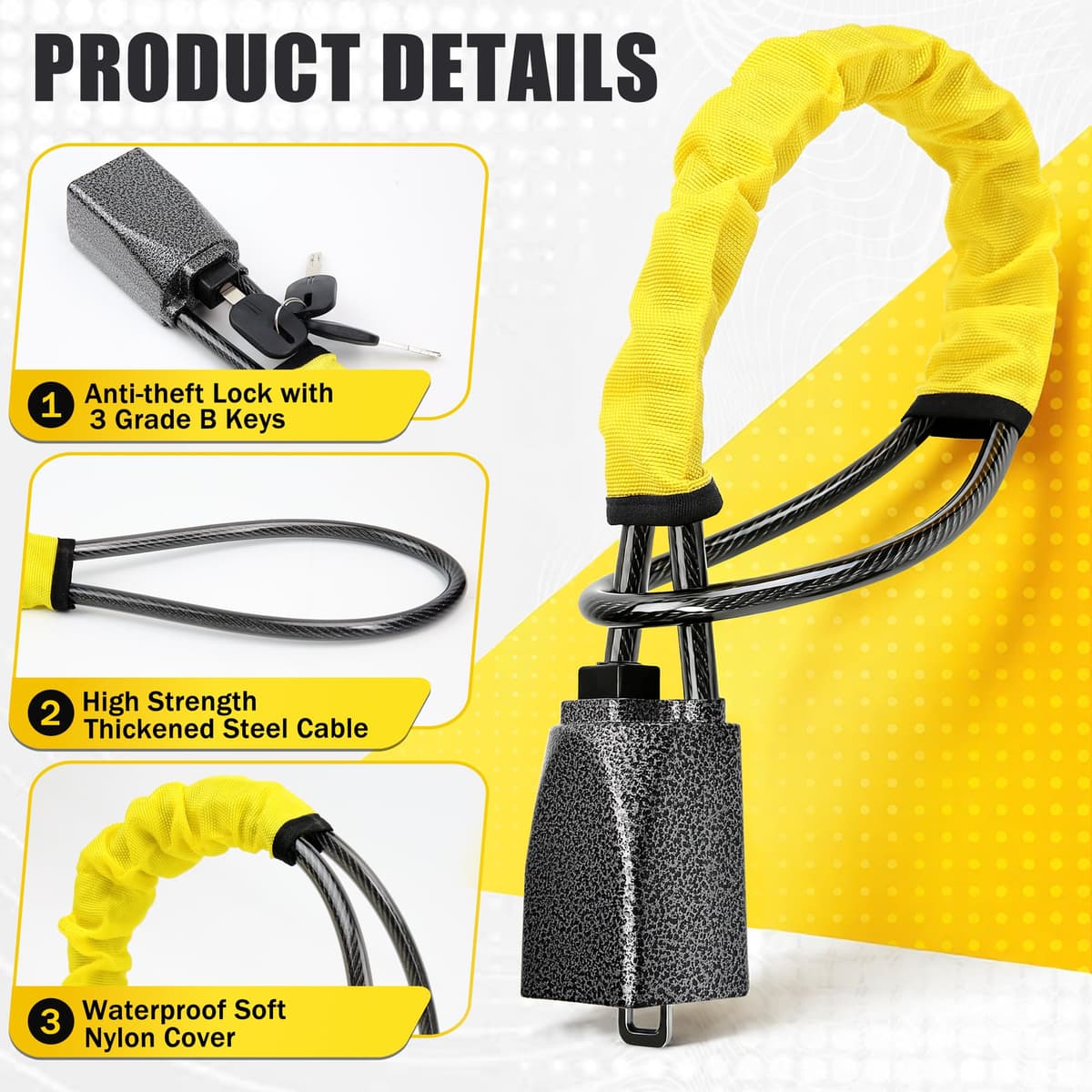 OXNSHEJW Steering Wheel Lock, Car Steering Wheel Locks, Car Seat Belt Lock with Metal Head, High Visibility Car Lock Anti-Theft Device for Car, SUV, Pickup, Van, RV, 3 Keys (Yellow) — view 4
