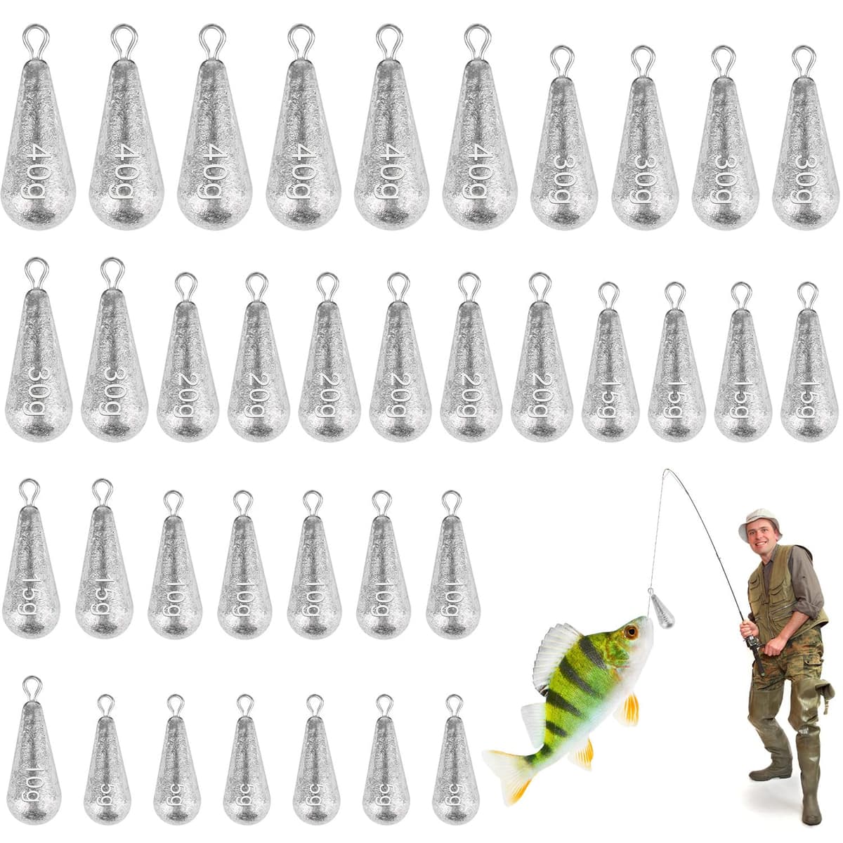 Fzyisw 36 Piezas Plomos de Pesca 5/10/15/20/30/40g Plomos de Pesca Surfcasting, Juego De Pesca Sinker, Kit de Pesas de Pesca para La Pesca Al Aire Libre