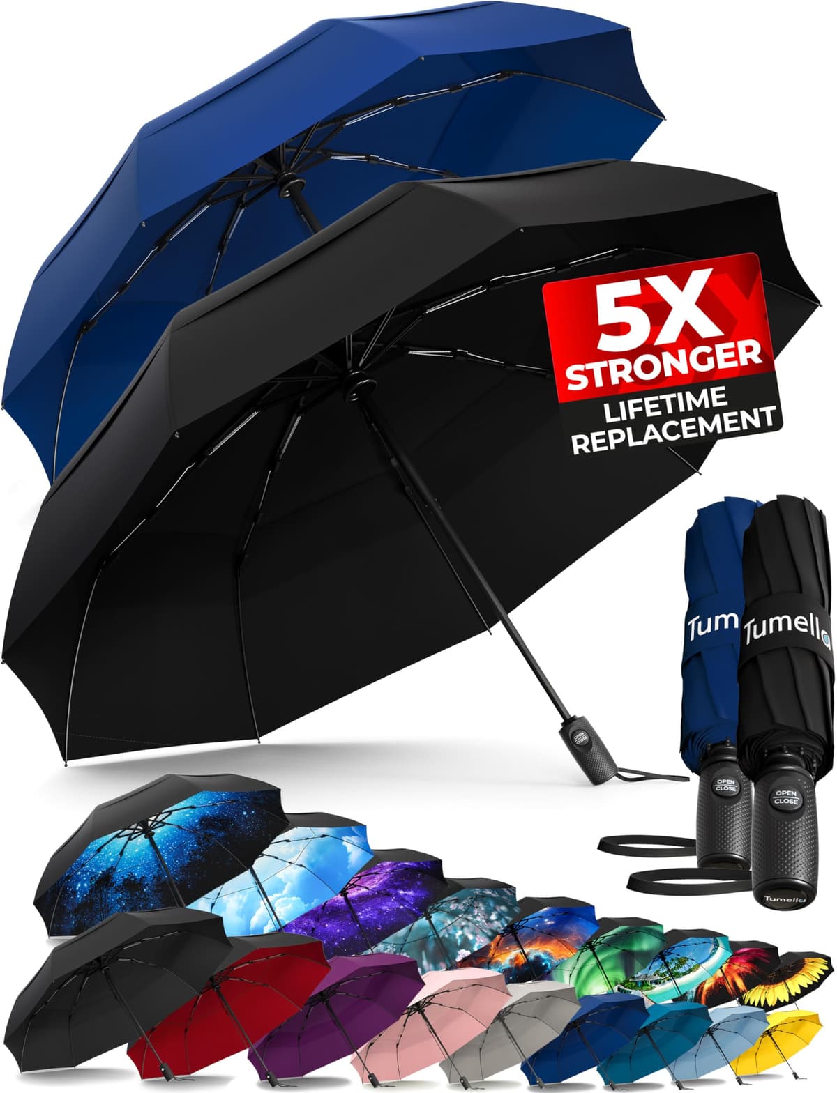 TUMELLA Strongest Windproof Travel Umbrella (Compact, Superior & Beautiful), Small Strong but Light Portable and Automatic Folding Rain Umbrella, Durable Premium Grip, Fits Car & Backpack Black — view 16