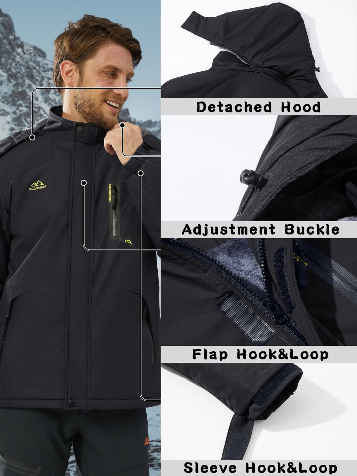 KEFITEVD Hombre Impermeables Lana Chaquetas Impermeables Esquí Cálidos Invierno Abrigos Térmicos Exteriores Abrigos con Capucha Desmontable — view 5