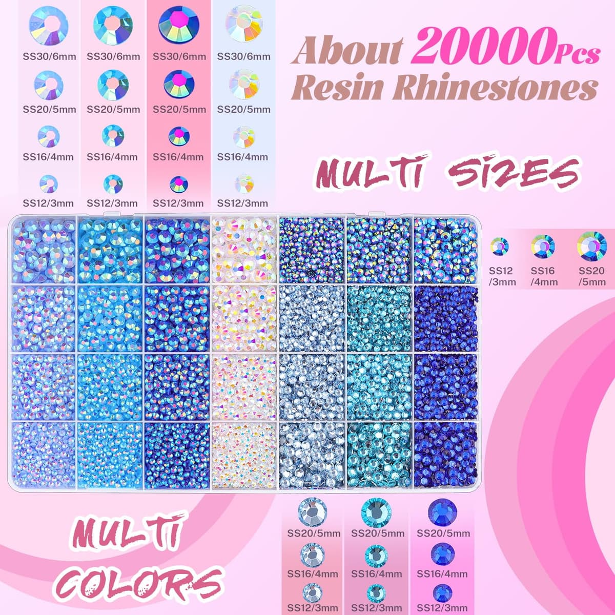 20000Pcs Blue Rhinestones for Bedazzling with B7000 Jewelry Glue, Resin Rhinestones for Crafting Crafts DIY, Bedazzler Kit Gems for Clothing Shoes Tumblers Fabric Nail Art Assorted Size 3/4/5/6mm — view 2