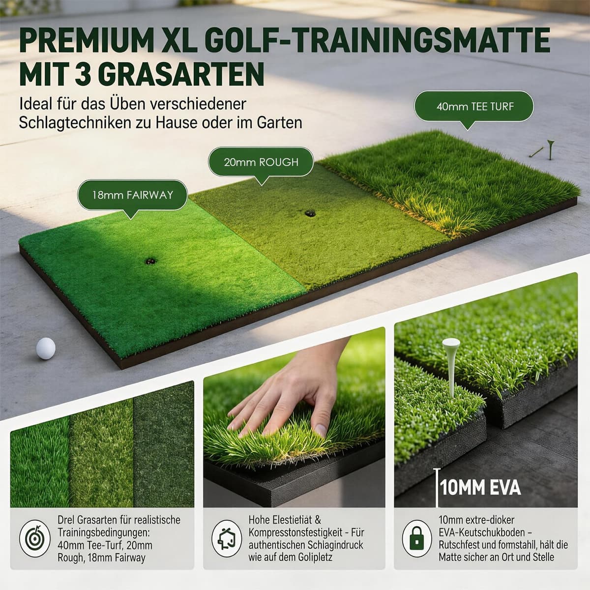 Red de prácticas de Golf con Alfombrilla, Kit de Entrenamiento portátil de 300x200cm con 3 Alfombrillas de golpeo, 10 Pelotas de Golf, Tees y Bolsa de Transporte para Uso en Interiores y Exteriores — view 5