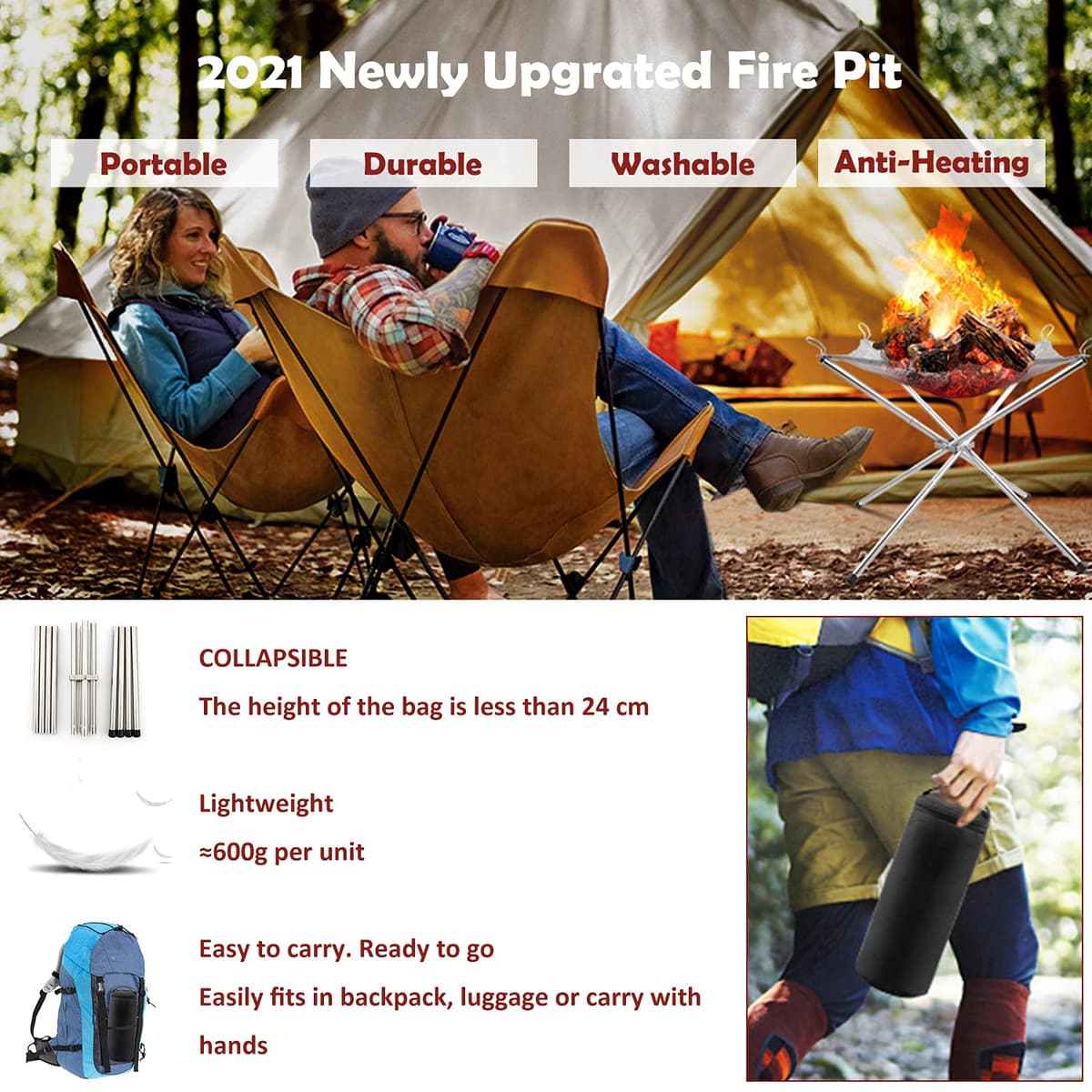 Portable Fire Pit for Camping, Outdoor Folding Firepit Fireplace with Heat Resistant Gloves & Carrying Bag, Stainless Steel Mesh BBQ Fire Bowl for Picnics, Bonfire, Patio, Backyard and Garden — view 3