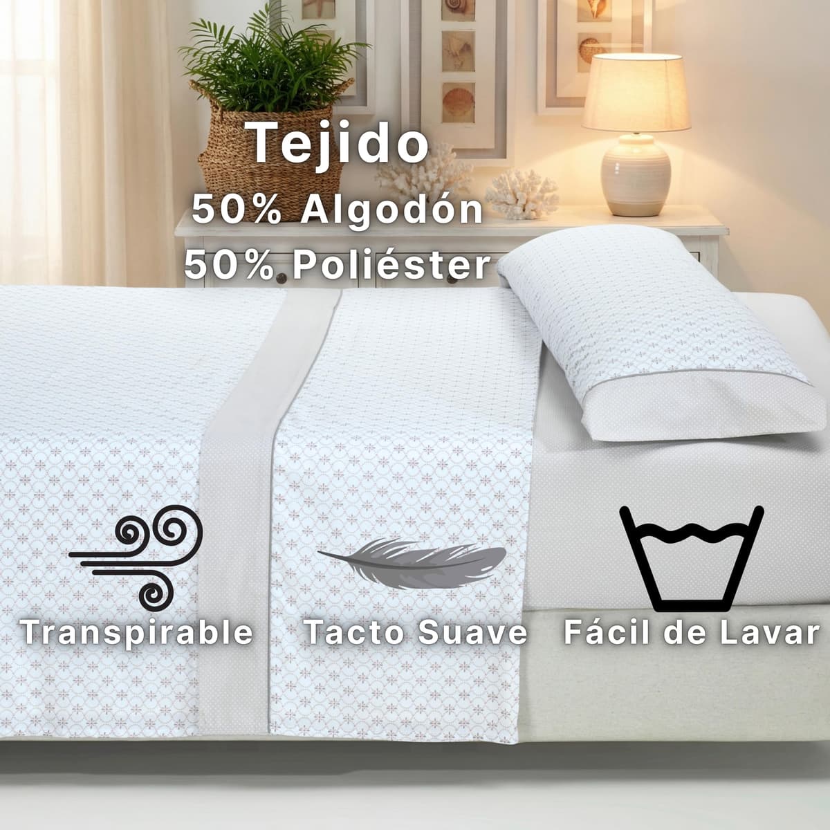 Sábanas 135x190 - Juego de Sábanas 3 Piezas - Algodón y Poliéster - Sábana Bajera Ajustable hasta 30 cm, Encimera y Funda Almohada - Ropa de Cama Estampada Suave y Transpirable (Lira Verde) — view 3