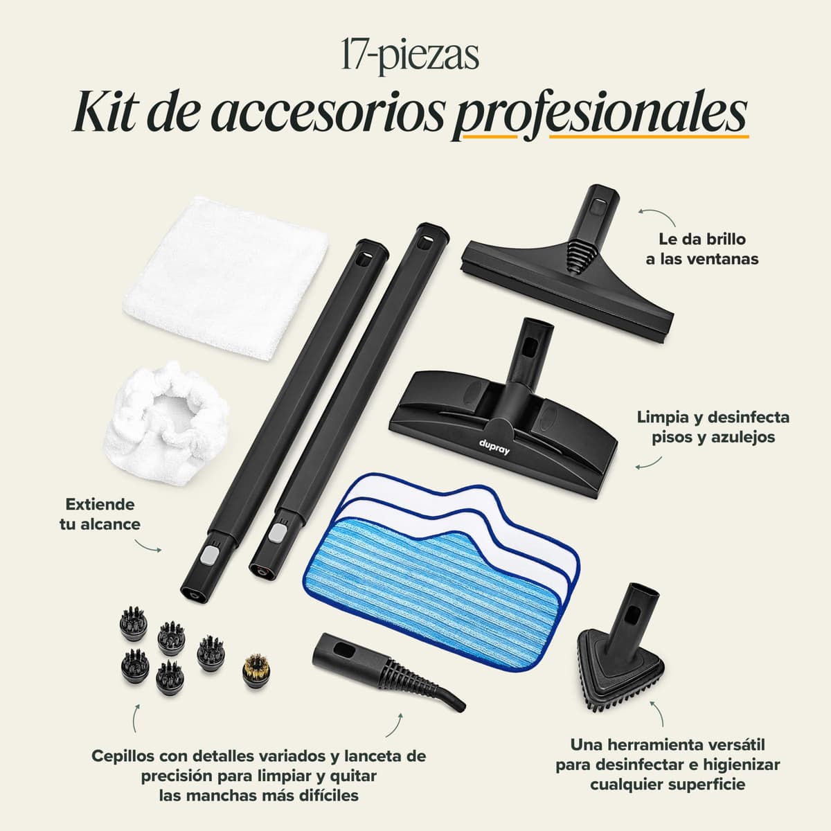 Dupray Neat Limpiador a Vapor. Potente limpiador de vapor multifunción para el hogar: suelos, baldosas, juntas, colchones, muebles, ventanas, coche y más (17 Piezas con Neat) — view 3