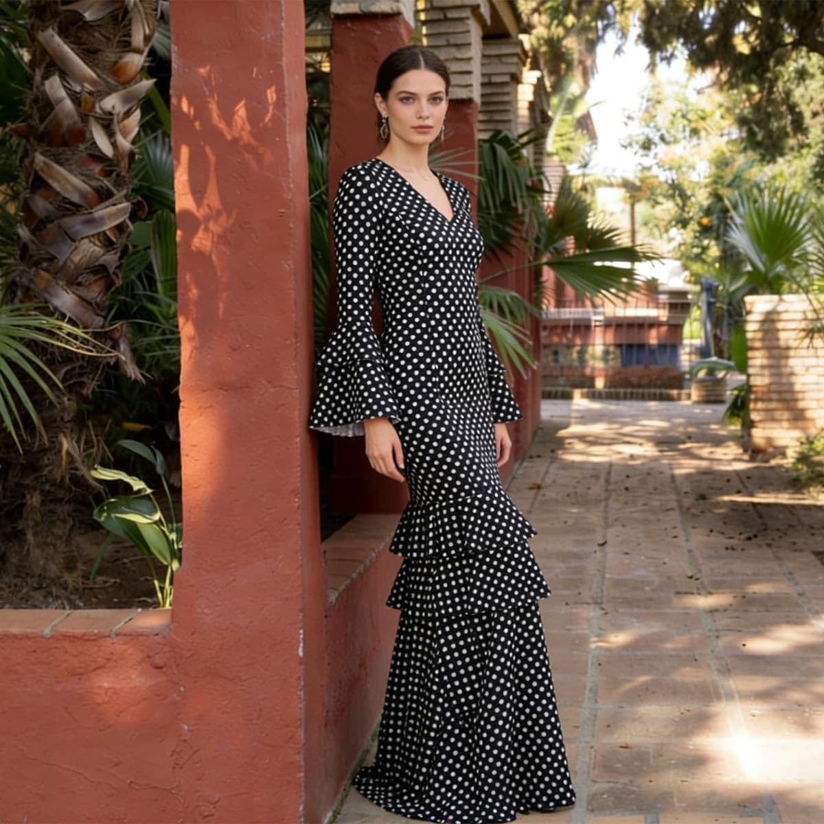 Vestido Flamenco Mujer Largo - Sevillana Adulto con Lunares y Mangas Acampanadas - Traje Andaluz Elegante para Feria y Baile — view 3