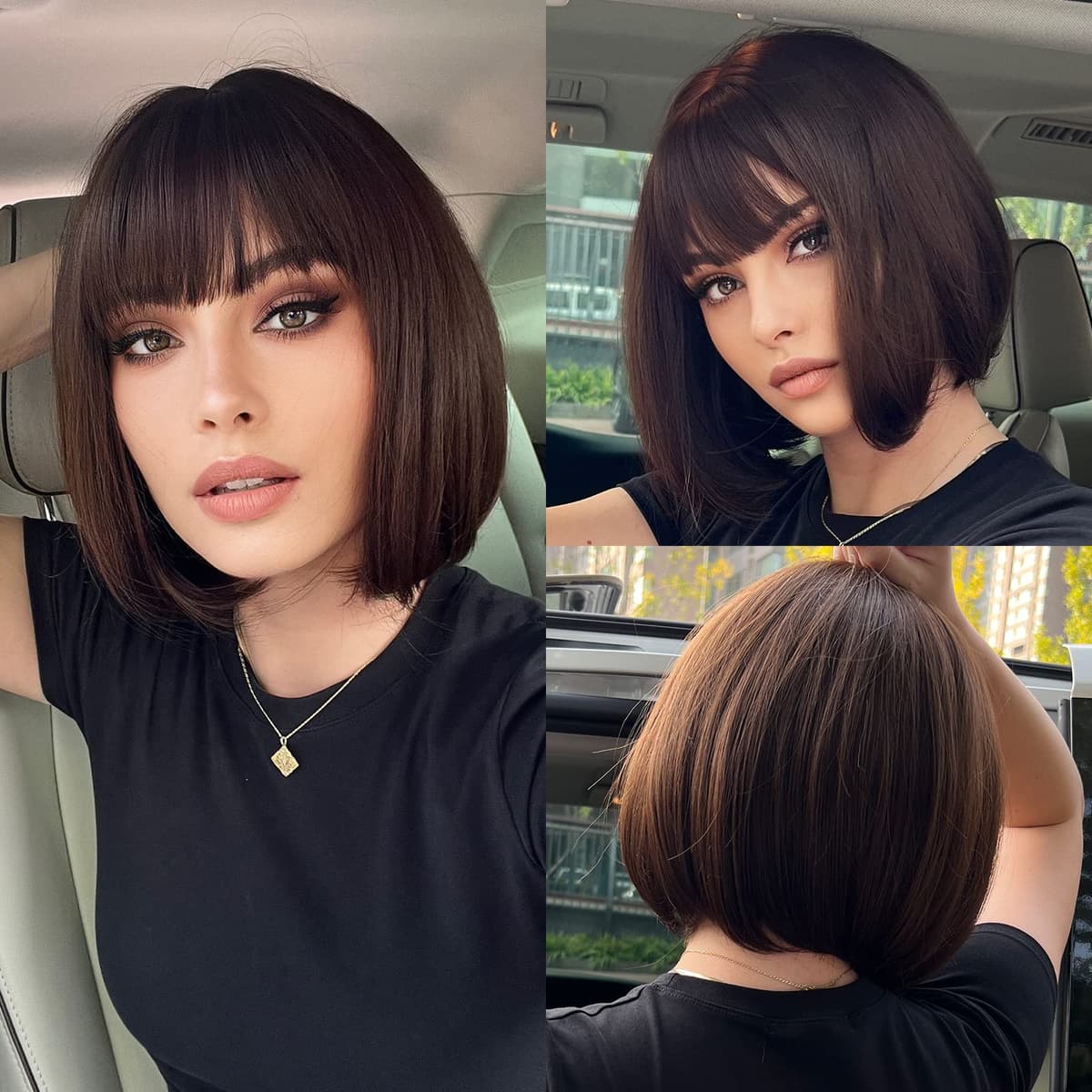 HAIRCUBE recto y corto encanto Bob lleva peluca para mujeres fiesta de fibra sintética resistente al calor natural/juego de roles/ropa/peluca diaria (Raíces marrones sombras Rubias) — view 11