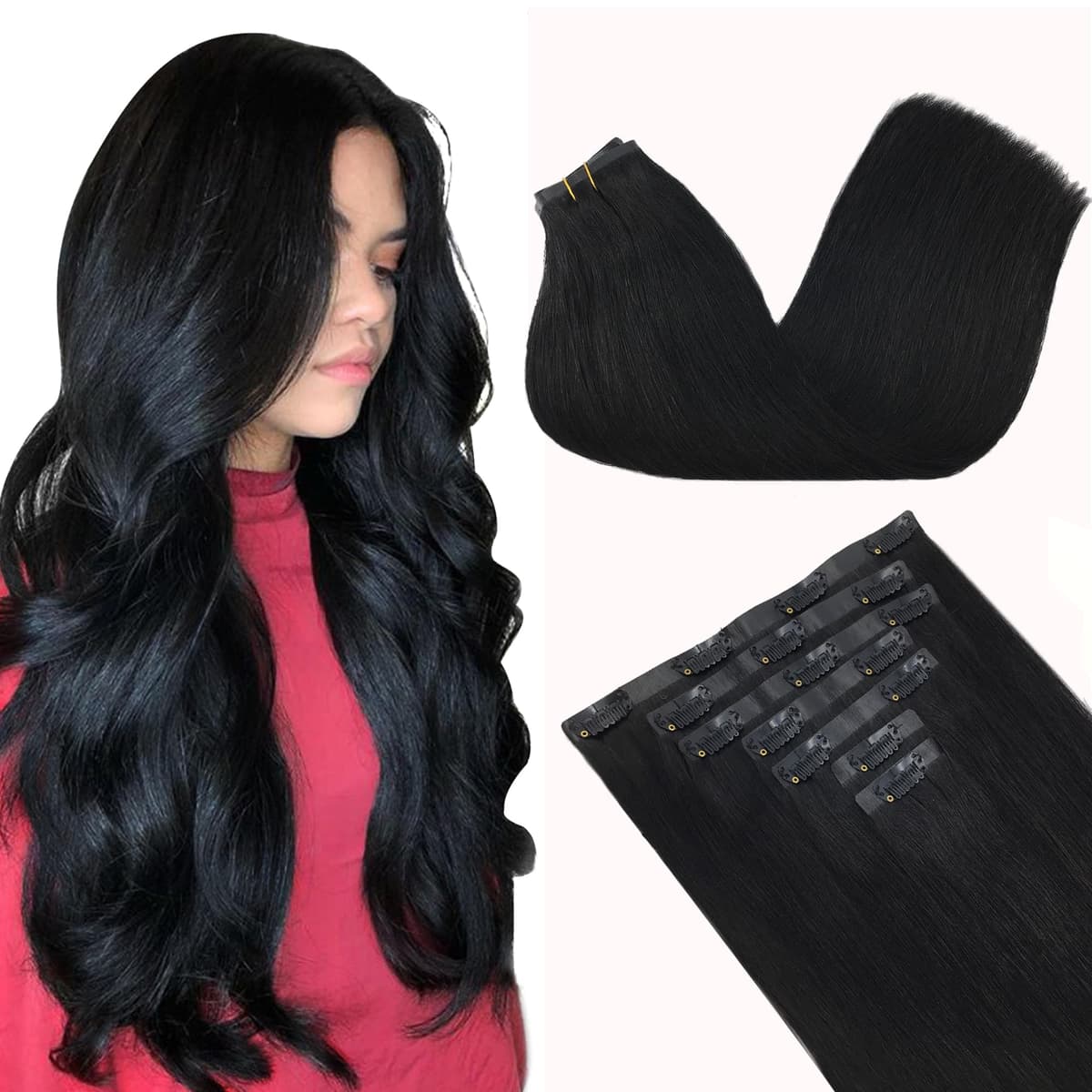 GOO GOO Clip in Hair Extensions Human Hair, 18inch 150g 9Pcs, #2 Dark Brown, Hair extensions for women, Human Hair Extensions Clip in — view 142