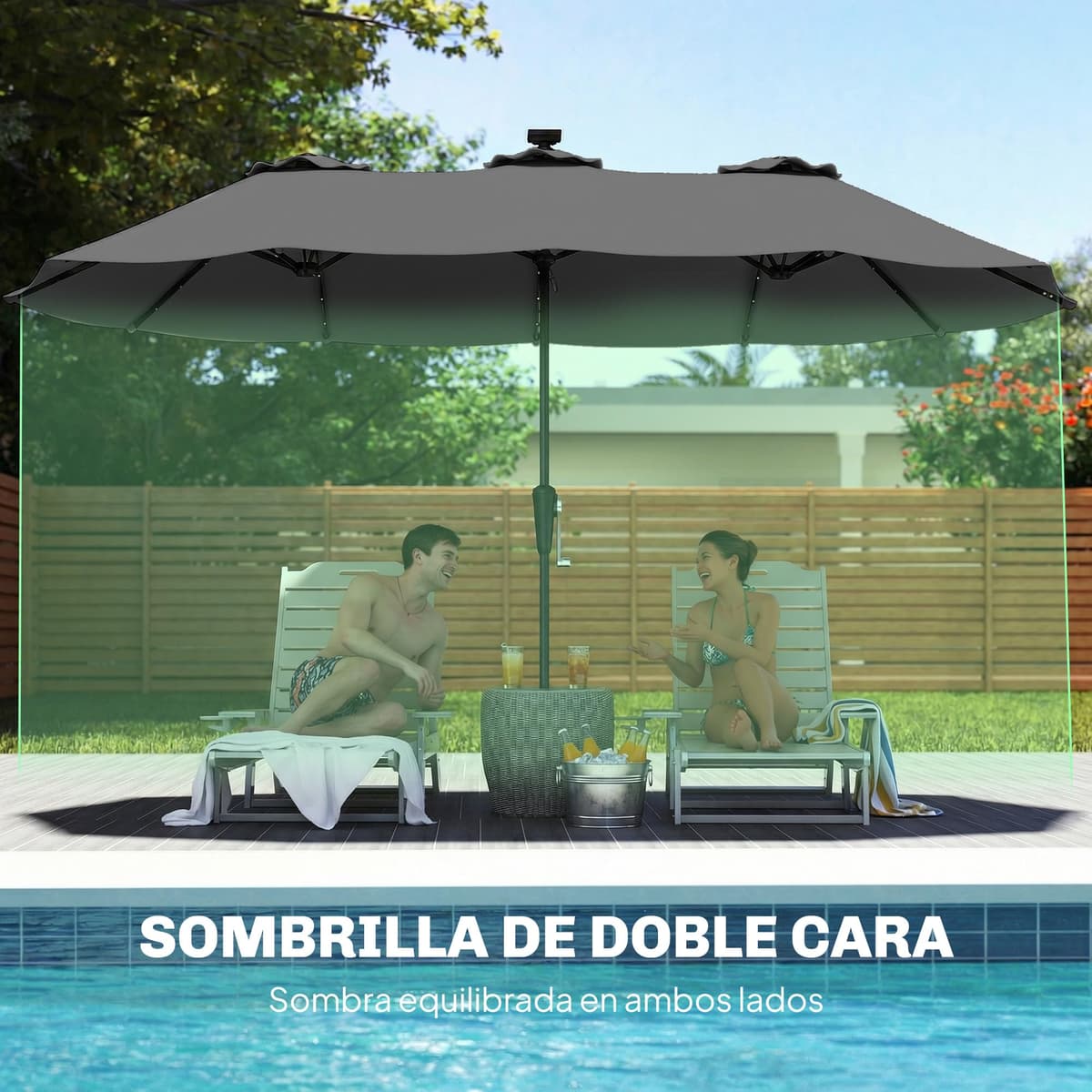 Outsunny Sombrilla Doble con 36 Luces LED Solares, 4x2 m, Sombrilla Terraza Exterior con Manivela, UPF50+, 12 Varillas, Resistente al Agua, Parasol para Jardín, Terraza, Patio — view 4
