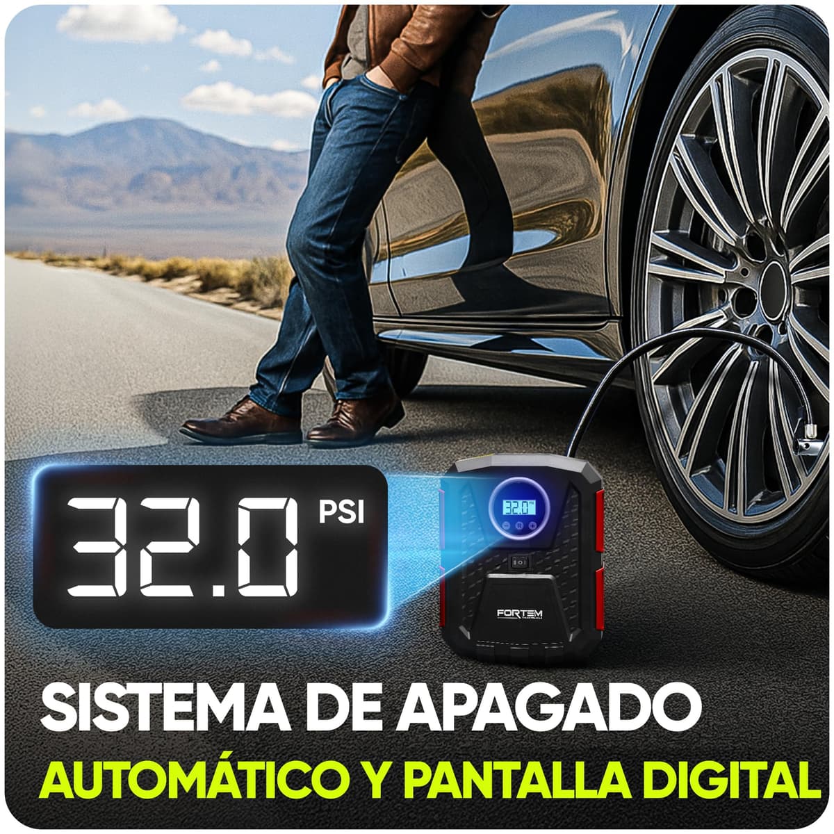FORTEM Inflador de Ruedas de Coche, Compresor de Aire - Manómetro Digital, Autobombeo, Parada Automática - Bolsa de Transporte — view 4
