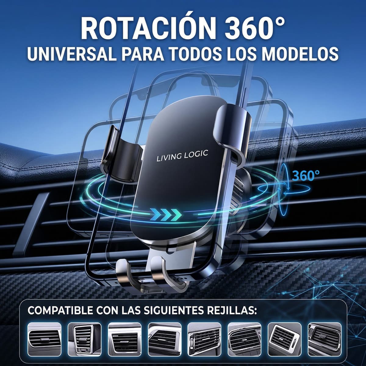 Soporte Móvil Coche Rejilla con Gancho Metálico, Soporte Teléfono Coche 360° con Una Mano, Porta Móvil Coche Universal Compatible iPhone y Android + Rompe Lunas y Corta Cinturón — view 4