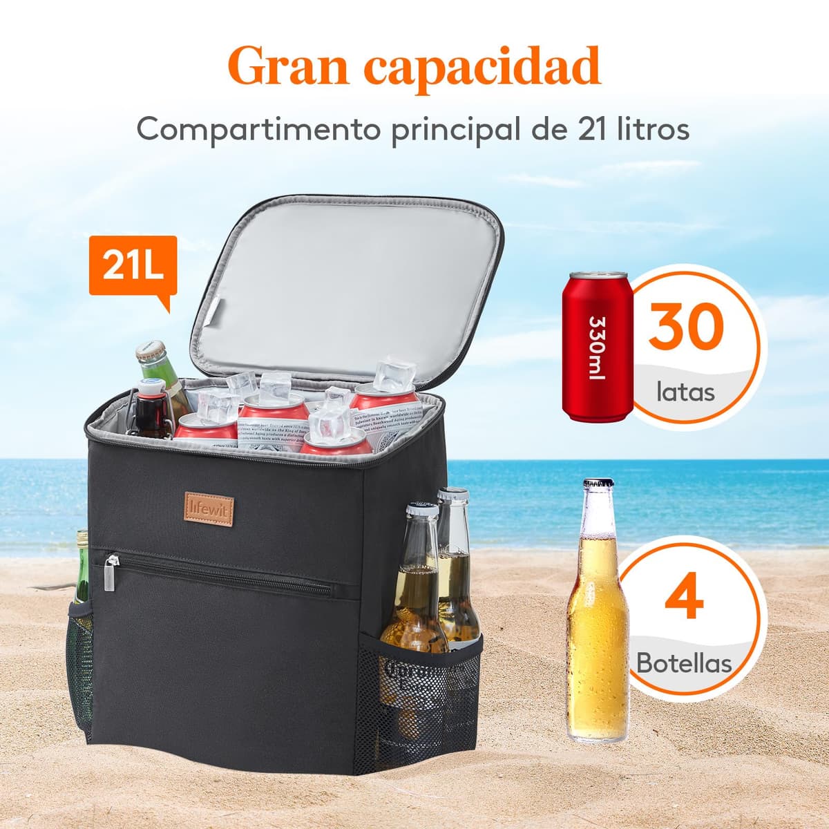 Lifewit Mochila Nevera 24L (30 Latas), Mochilas Neveras Portatil Isotermica, Bolsa Termica Porta Alimentos Impermeable, Cooler Bag para Playa, Picnic, Camping, Viaje, Trabajo, Negro — view 2