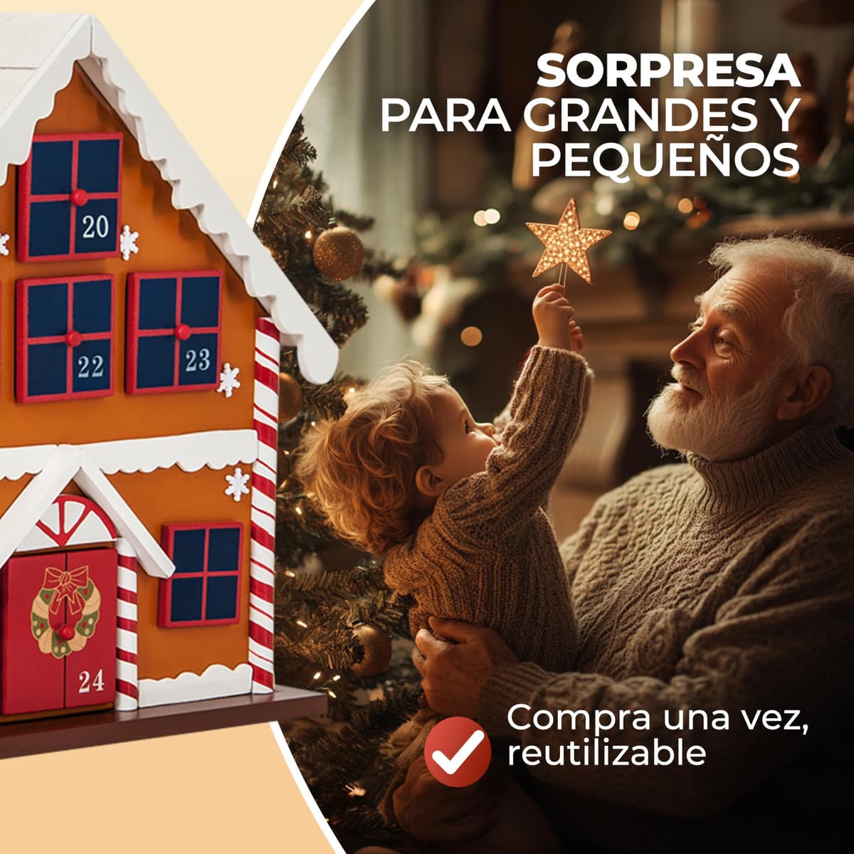 Spielwerk® Calendario de Adviento Madera Casita Jengibre 24 Cajoncitos Rellenable Chuches Vacio Reutilizable Adorno Decoración Navidad 2025 Personalizable — view 4