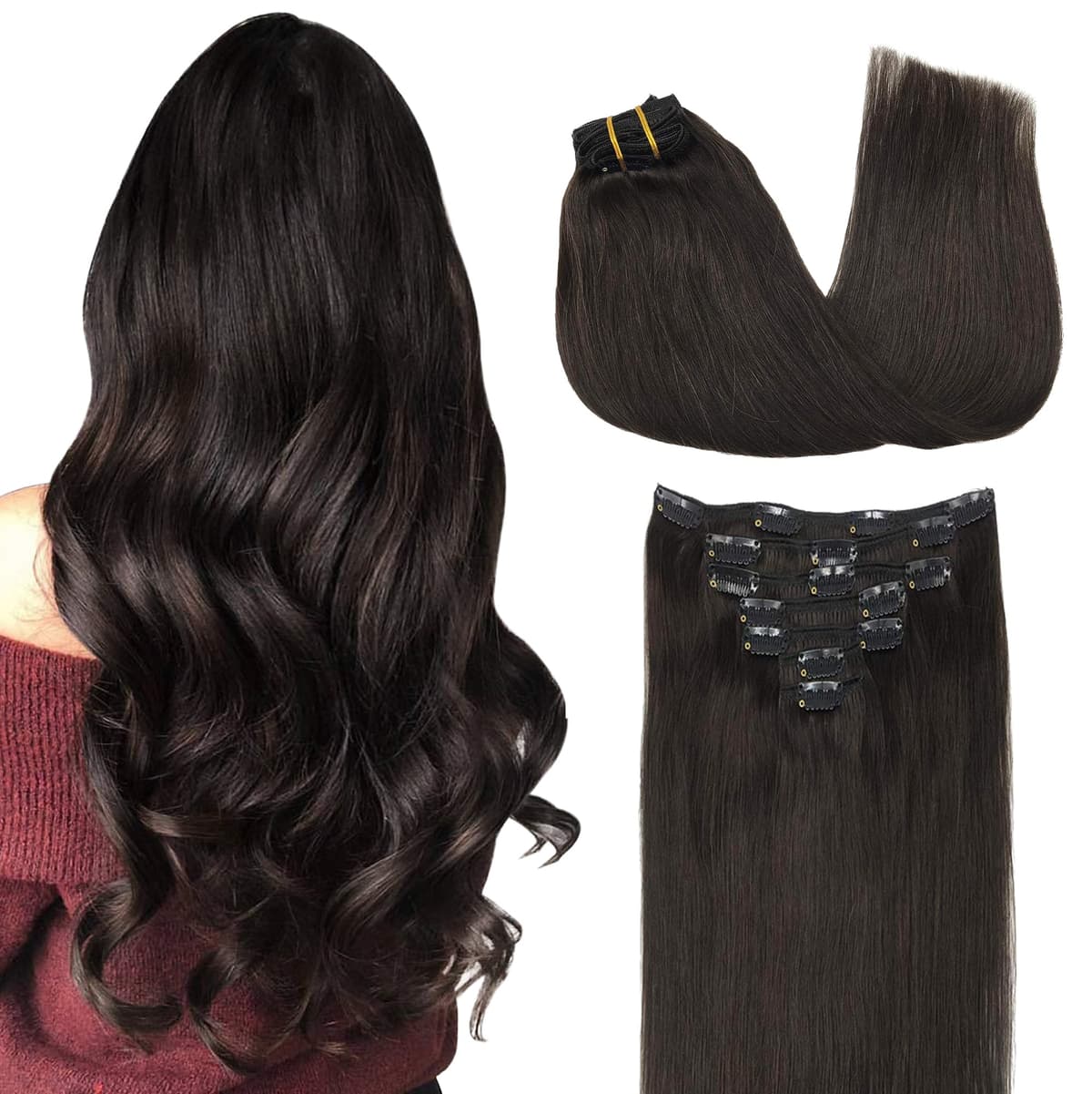 GOO GOO Clip in Hair Extensions Human Hair, 18inch 150g 9Pcs, #2 Dark Brown, Hair extensions for women, Human Hair Extensions Clip in — view 112