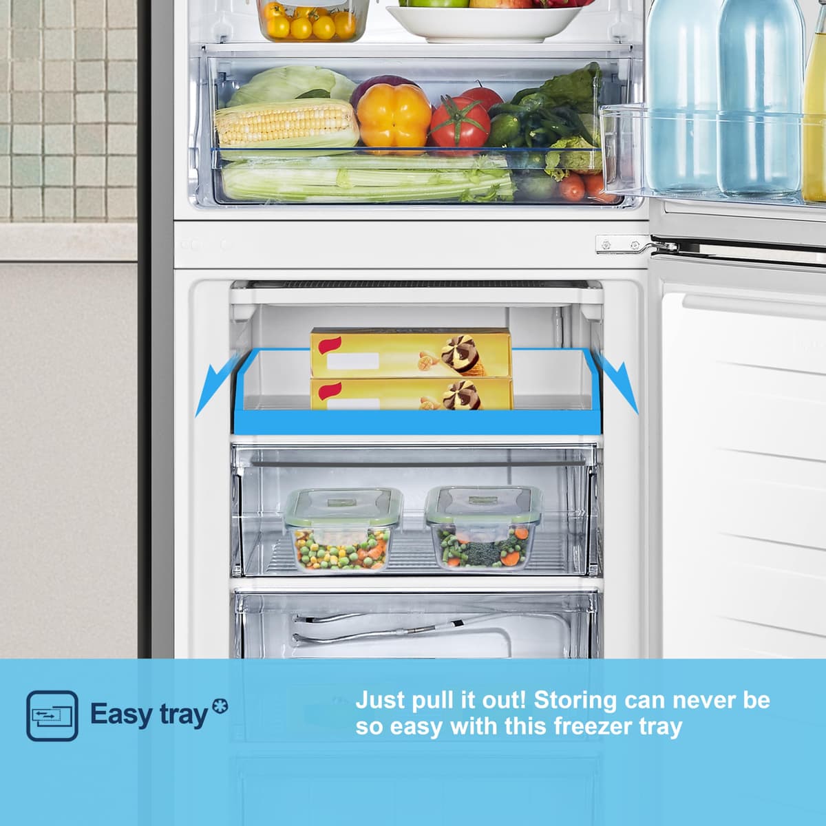 Fridgemaster MC55240ES 55cm Freestanding 252L 50/50 Fridge Freezer - LED Lighting, Silver - E Rated, H174.3 x W55.4 x D55.8 (cm) — view 6