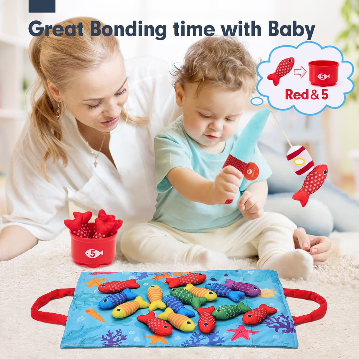 hahaland Montessori Toys for 1 Year Old, 10 in 1 Fabric Fishing Game for Kids Baby Toys for 1 2 3 Year Old Boys Girls, with Stacking Cups- Number Counting, Color Sorting, Shape Learning Baby Gifts — view 9