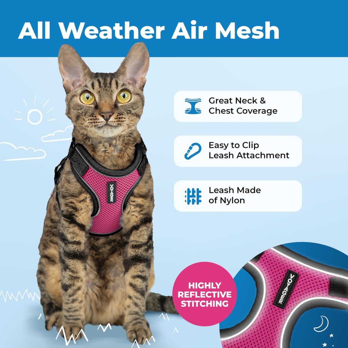 Voyager Escape Proof Cat Harness and Leash set with Reflective Stitching, Neoprene Handle 5ft - Supports Small, Medium and Large Cats, Kittens for walking by Best Pet Supplies - Black Trim-Fuchsia, XS — view 3