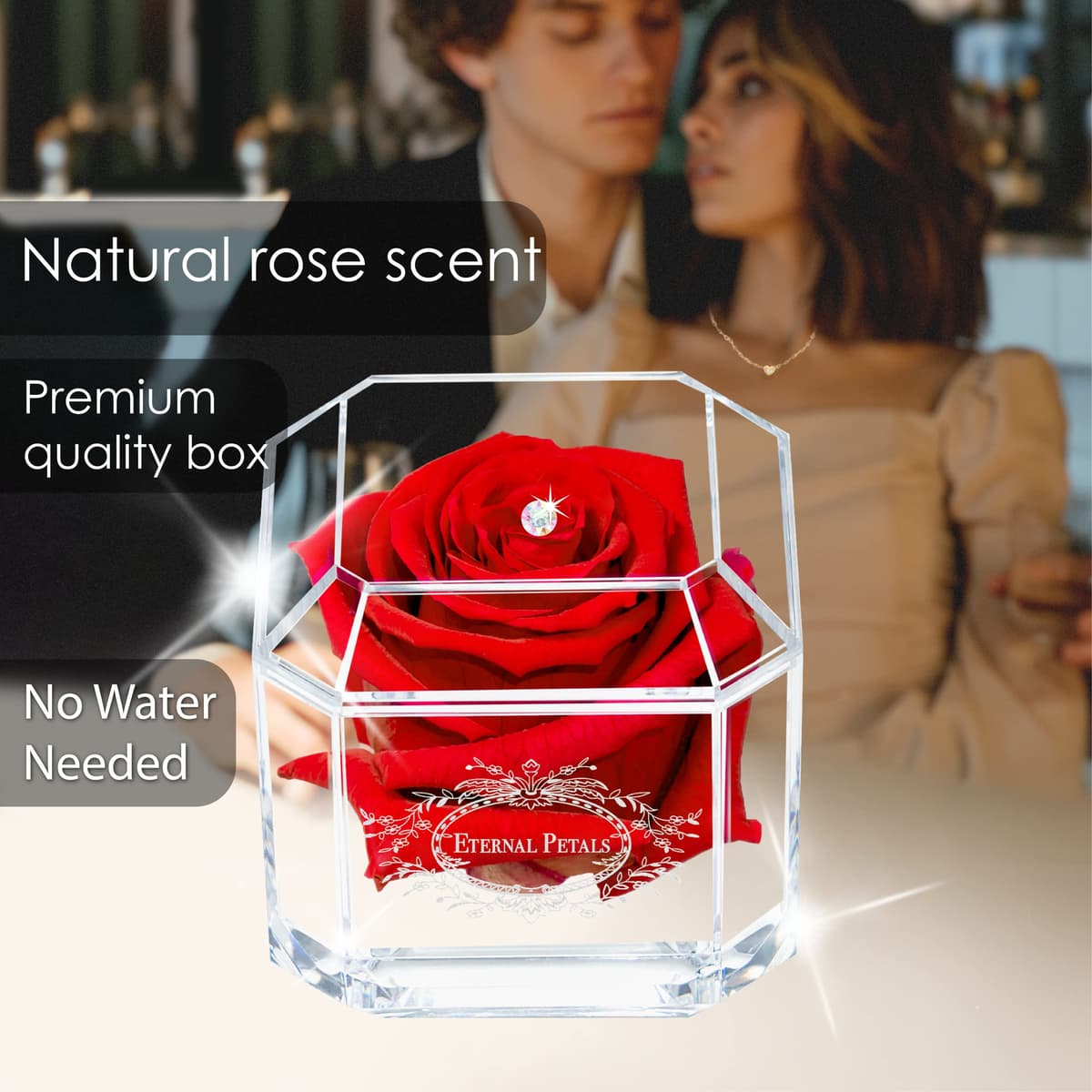 A 100% Real Rose That Lasts Years - Eternal Petals, Handmade in UK – White Gold Solo with A Multicolor Crystal (Red) — view 3