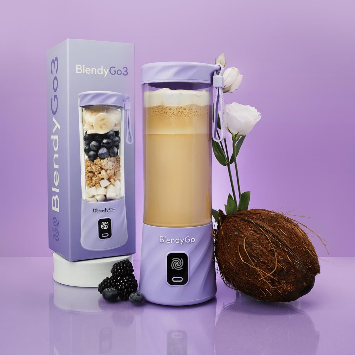 Batidora BlendyGo 3, batidora de vaso portátil, blender recargable por USB, ideal para smoothies, batidos y batidos de proteínas, mexzclador portátil potente, 500 ml (Lavanda) — view 3