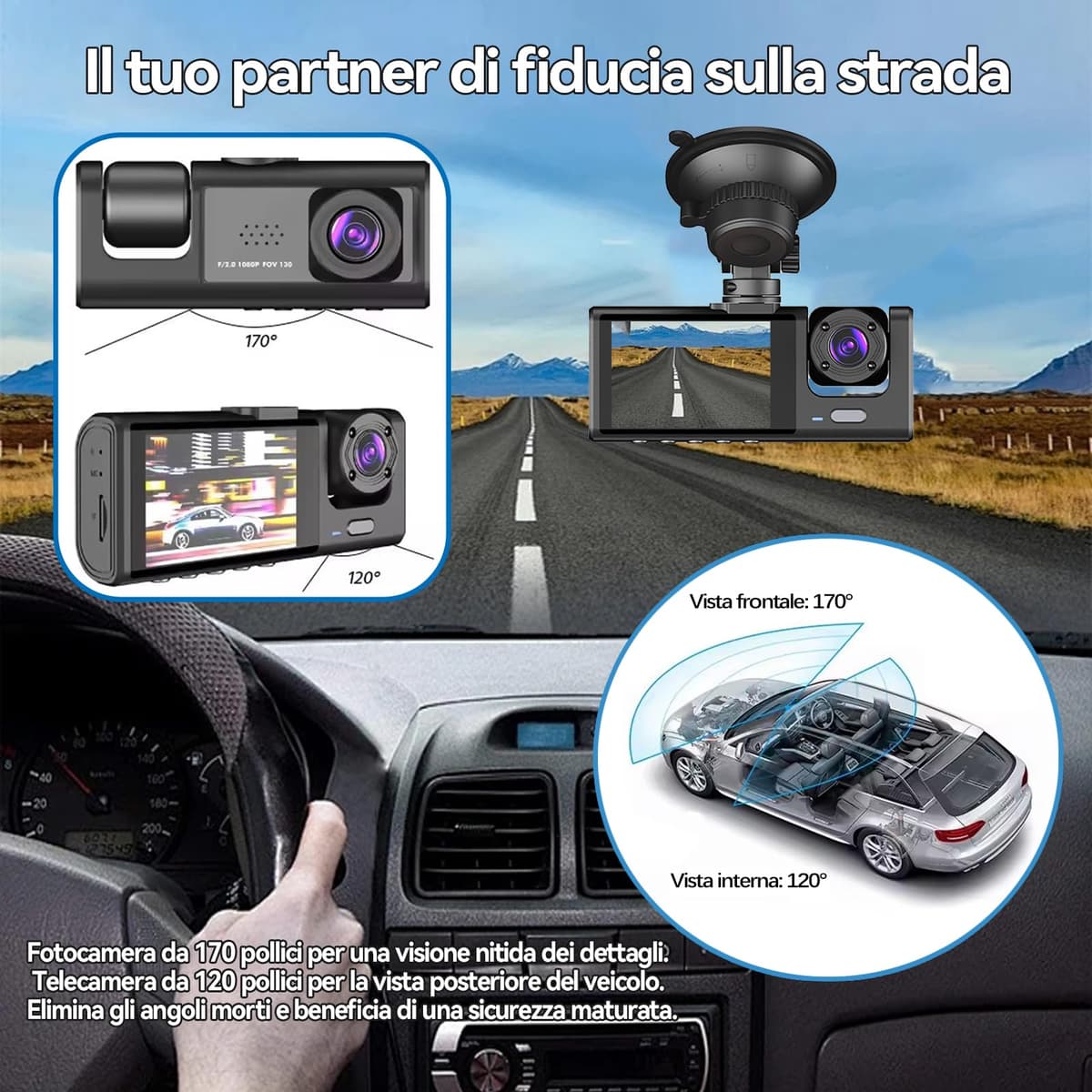 3 Channel 1080P Dash Cam with APP Control, 5GHz WiFi, Card Included 32GB SD, 170° Wide Angle, Loop Recording, G-Sensor, 24H Parking Mode — view 4