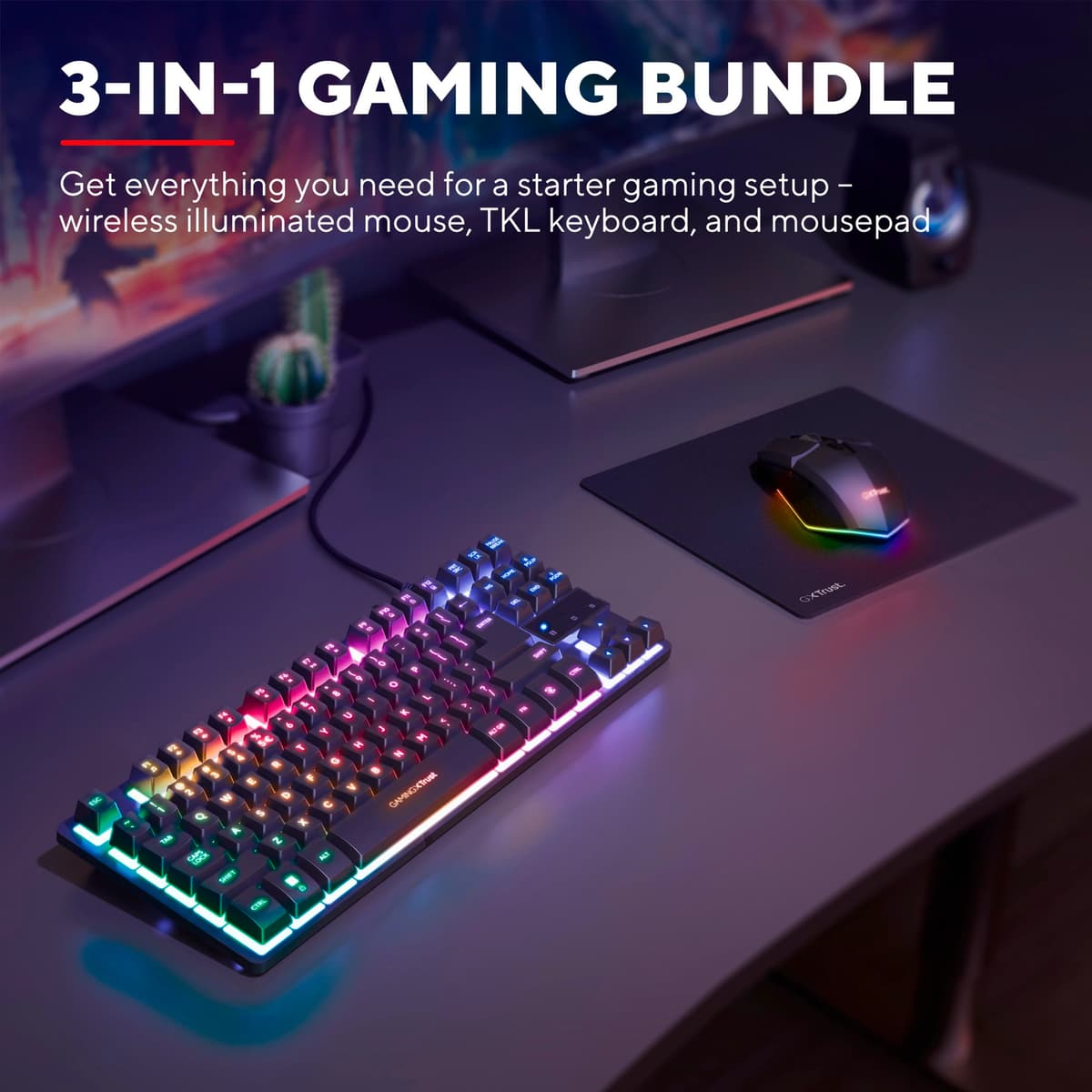 GXTrust 1794 Pack Teclado Gaming QWERTY Español con Ratón y Alfombrilla, Combo LED 3 en 1, Ratón Inalámbrico Recargable para Gamer 80h de Autonomía, Teclado TKL USB para PC, Negro — view 2