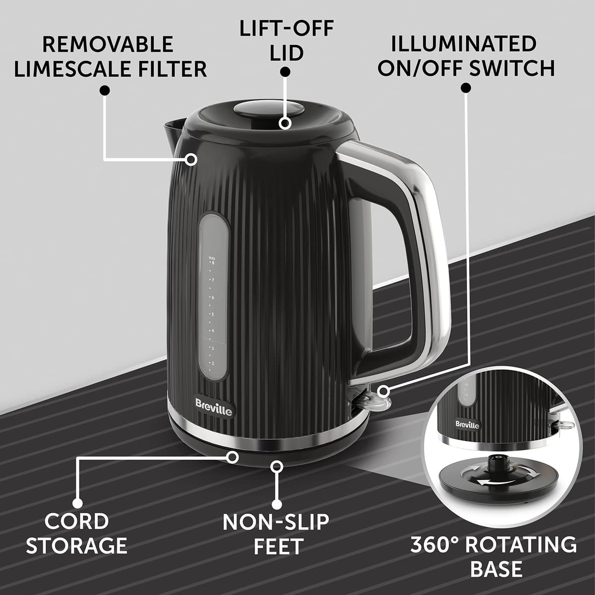 Breville Bold Black Electric Kettle | 1.7L | 3kW Fast Boil | Black & Silver Chrome [VKT221] — view 5