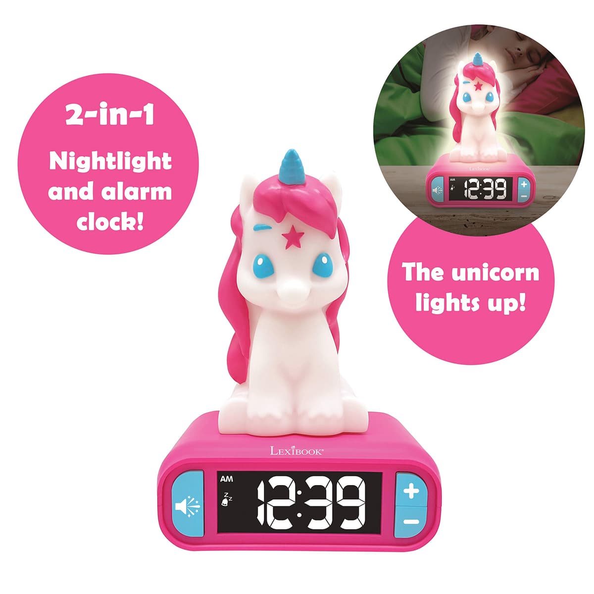 LEXIBOOK Reloj Despertador del Unicornio, Pantalla LCD Digital y luz de Noche integrada, quitamiedos niña-RL800UNI, Color Rosa (RL800UNI), Color/Modelo Surtido — view 3