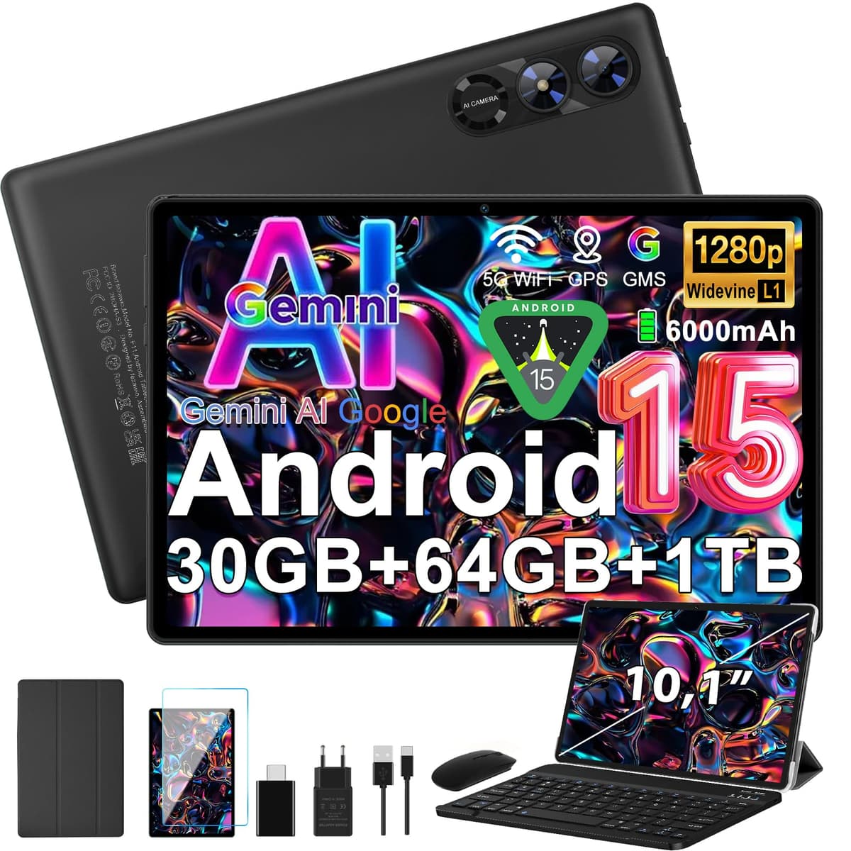 fezawio Android 15 Tablet 10 Pulgadas Gemini AI, Tablet PC Octa-Core, 30 GB RAM + 64 GB ROM (1TB TF), 3.5mm Audio/GMS/WiFi 6 & BT 5.0 / 6000mAh / GPS/Widevine L1, Tableta con Teclado-Negro