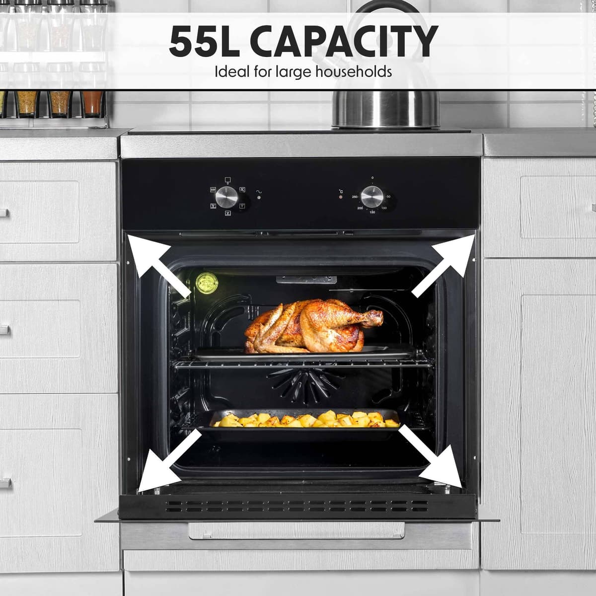 60cm Built-In Five Function Fan Assisted Oven, 55L Capacity, Black - DH124 — view 2