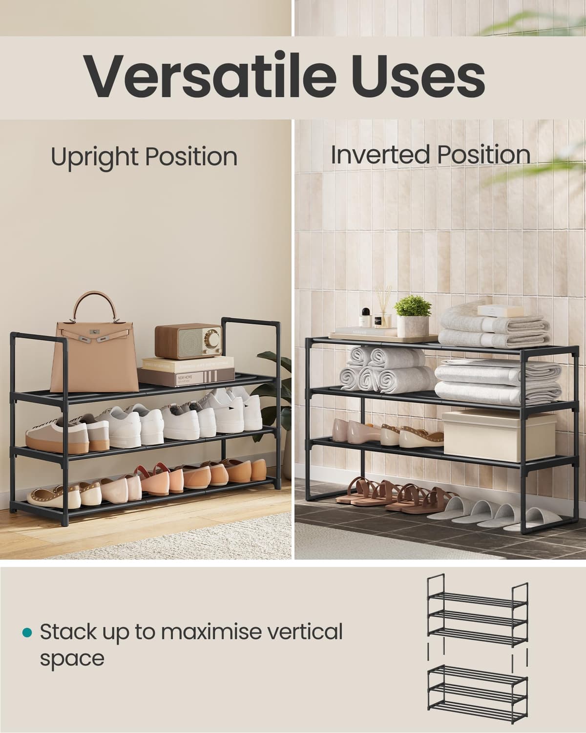 SONGMICS 3-Tier Shoe Rack, Shoe Storage Organiser, Metal Storage Rack, Upright or Upside Down, Fits 16 to 20 Pairs, Stackable, for Hallway, 30 x 92 x 55 cm, Black LSA303B02 — view 4
