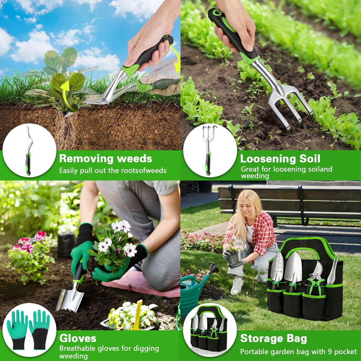 8 Piezas Kit Jardineria Aluminio y Acero Inoxidable,Juego de Herramientas de Jardineria Adultos con Guantes Alfombra para Trasplante y Bolsa Portátil Aficionados al Jardín — view 3