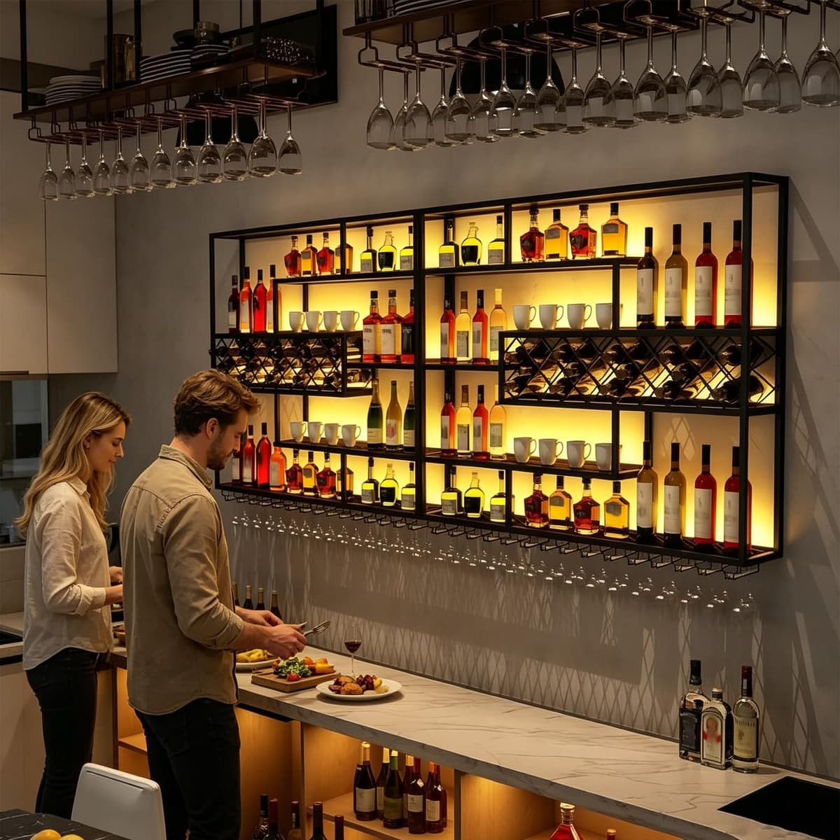 AUSKLEZU Estante de Pared para Vino con Rejilla y Luz LED | Botellero Industrial de Metal | 4Niveles con Soporte para Copas | Decorativo para Bar y Cocina (240CM) — view 4