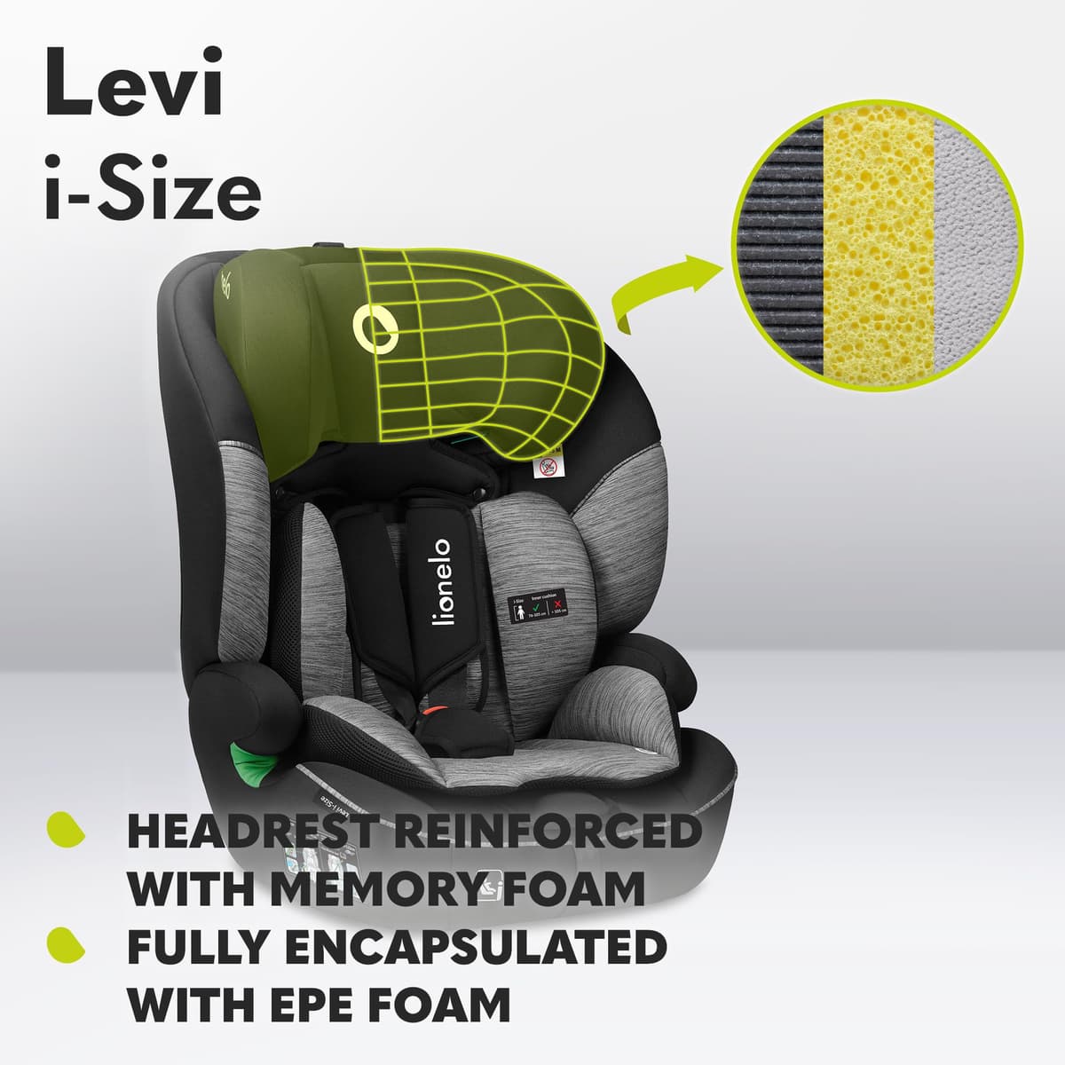 LIONELO Car Seat LEVI I-Size for baby 9-36 kg, Grows with Your Child from Infant to 12 Years Old, ‎10-Level headrest, Enhanced Side Protection, Armrests, Easy Install & Wash, Insert DriSeat, Certified — view 3