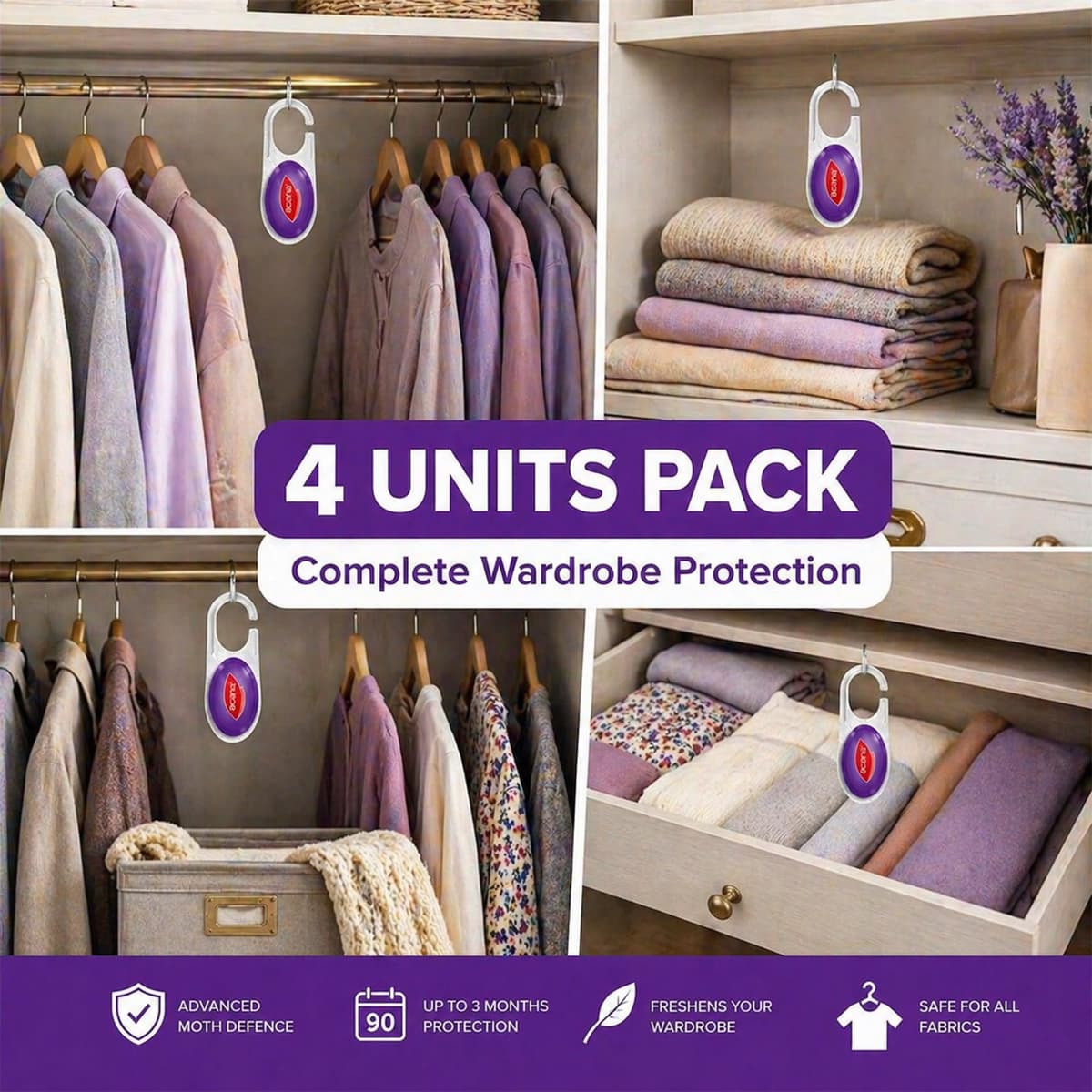 Acana Hanging Moth Killer 4 Pack – Wardrobe & Closet Protection for Clothes Storage, Long Lasting Fabric Care for Drawers & Cupboards, Helps Reduce Moth Activity, Home Storage Protection Solution — view 3