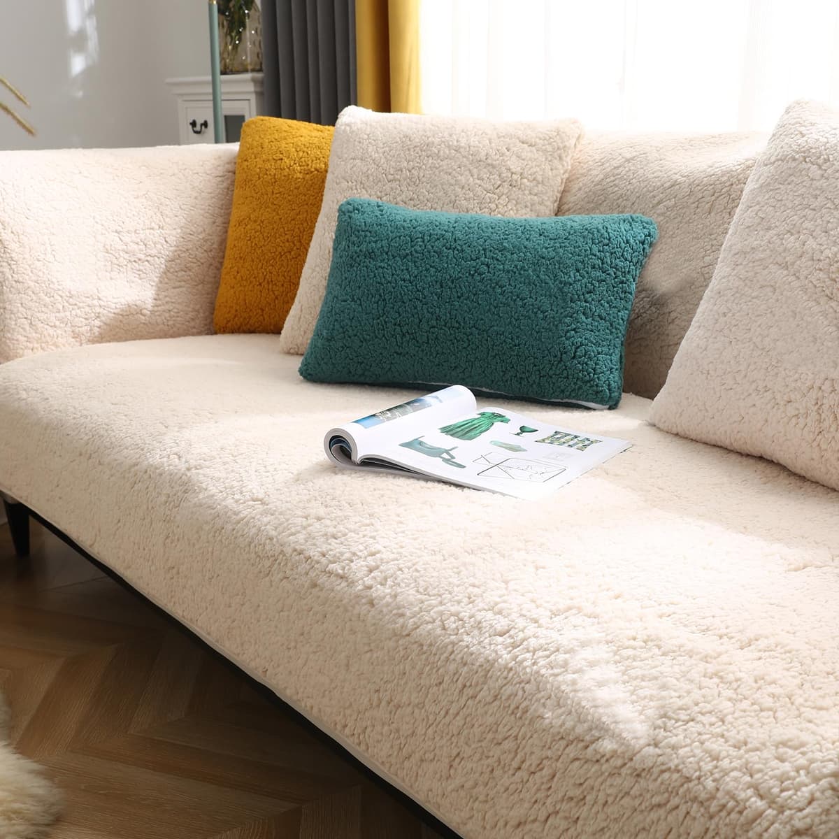 SHANNA Thick Rabbit Plush Sofa Cover 1 2 3 Seater, New Universal Non-Slip Corner Sofa Cover L Shape Super Soft Faux Fur Sofa Slipcovers for Living Room(Grey, 70 * 180cm Seater Cover) — view 29
