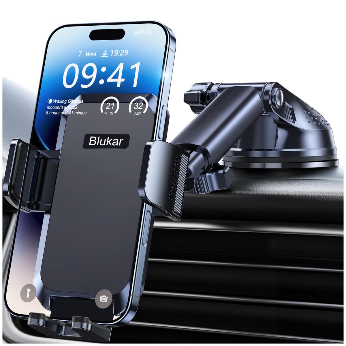 Blukar Car Phone Holder, Adjustable Car Phone Mount 360° Rotation for Dashboard/Windscreen, Upgraded Strong Suction - One Button Release Automobile Cradle for iPhone 4.0''-7.0'' Smartphones