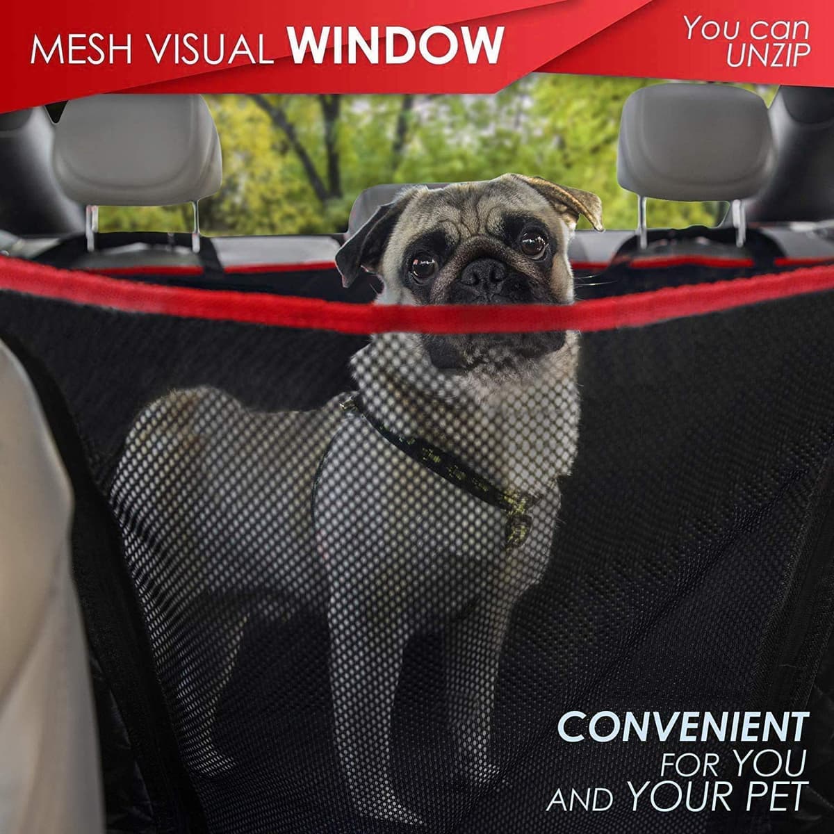 Dog Hammock for Car Back seat with Mesh Visual Window, Side Flaps with Zipper, Padded 4 Layers Waterproof Heavy Duty Hammock with Storage Bag, Scratch Proof Nonslip Pet Car Seat Cover (Black/Red) — view 4
