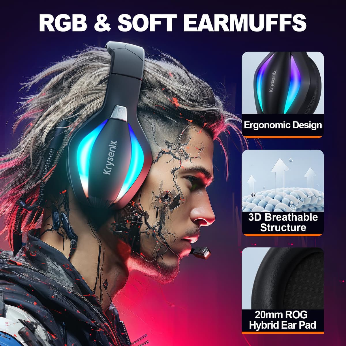Krysenix PG1 RGB Gaming Headset for PS4, PS5, PC, Switch, Xbox, Headset with LED and Gaming Headphones with Microphone, Noise Cancelling Headphones with 3.5mm Jack,Deep black — view 2