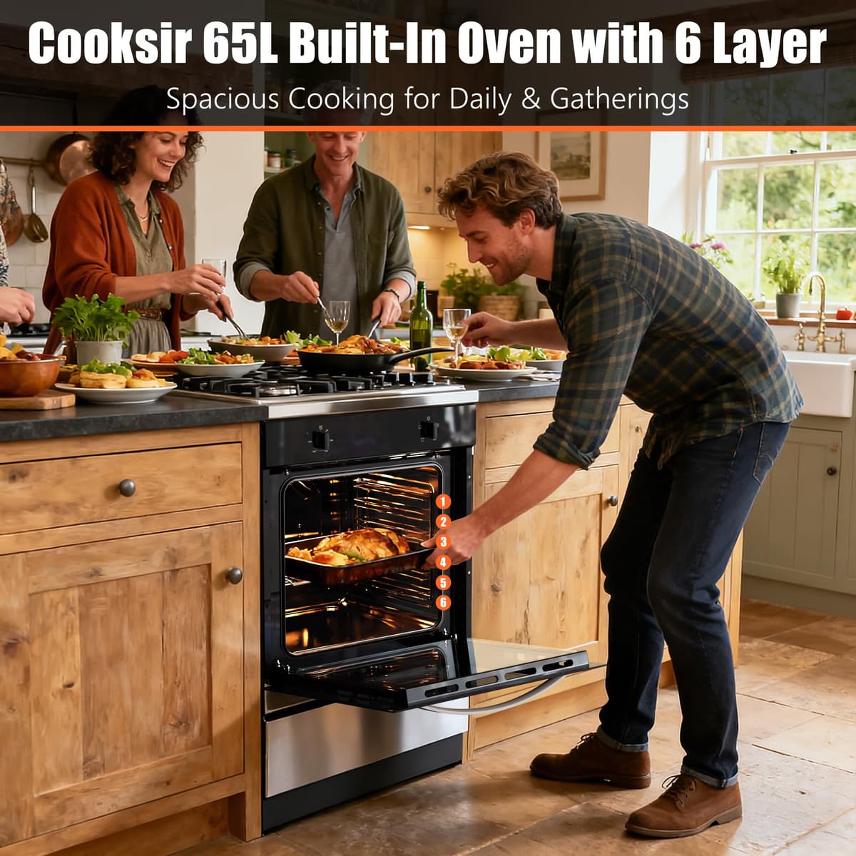 65L Built in Oven, 2000W Electric Single Oven Built in with Single Upper Tube, 4 Cooking Functions, 50℃-250℃ Knob Control, Detachable Door & Racks, Light, 6-Layer Racks — view 5