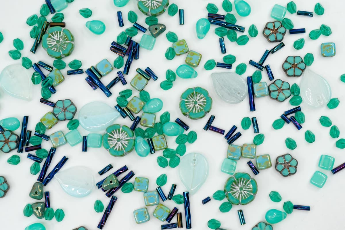 60 g Mix of Unique Czech Bohemia Glass Pressed Beads, Rocailles, Opaque Turquoise Green Copper Crystal Silver, Matte and Glossy, Hand Made BCV — view 3