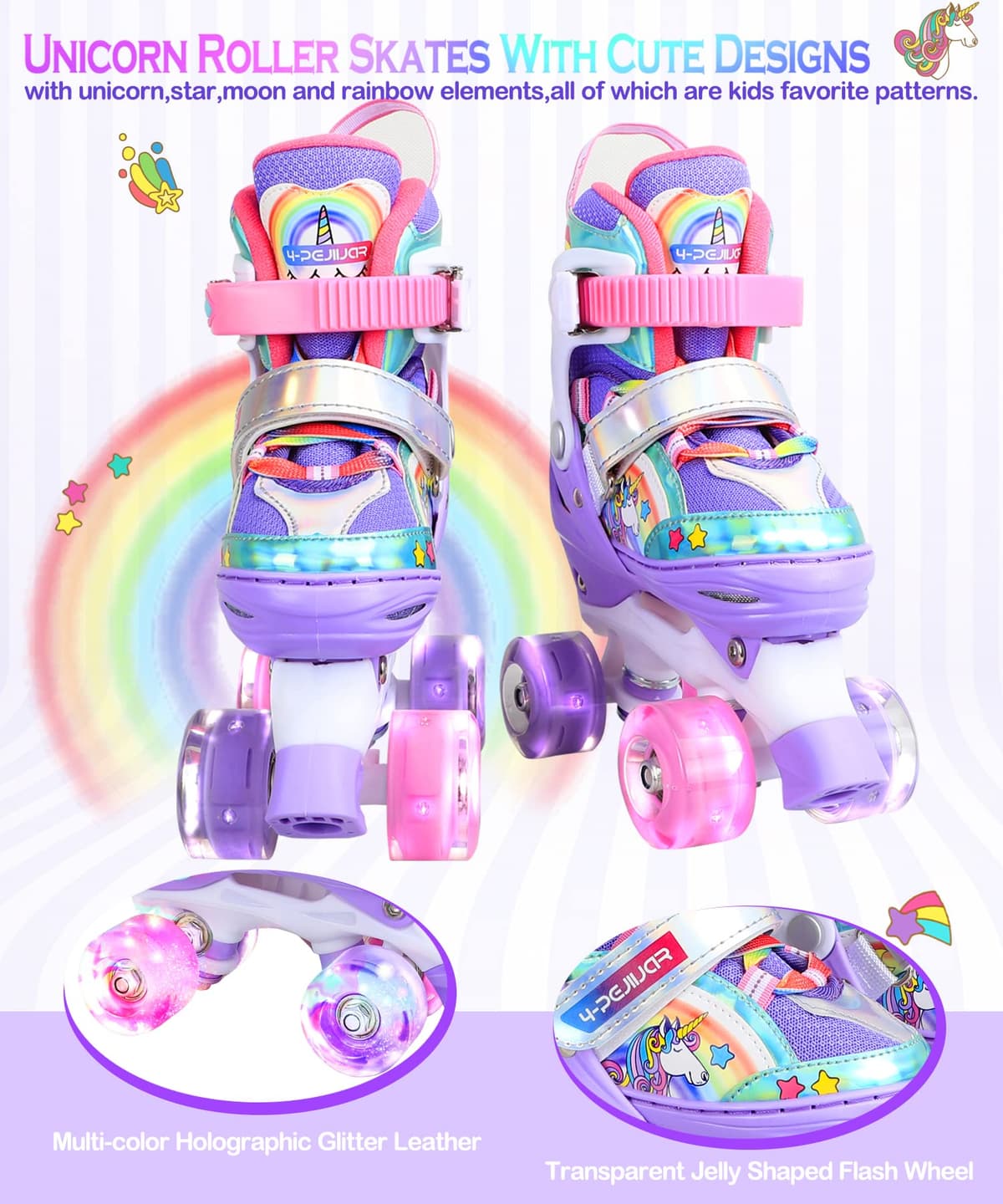 Patines Unicornio para Niños Patines Roller Quad Ajustables con Ruedas Luminosas para Niñas y Niños Principiantes — view 2