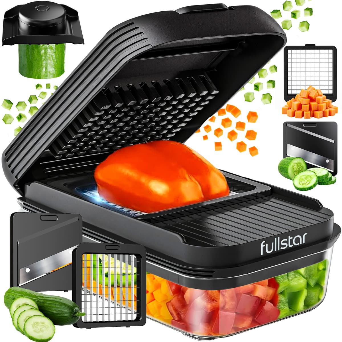 Fullstar Daily Vegetable Chopper and Mandoline Slicer - Kitchen Gadgets - Food Chopper with Container, Veggie Chopper, Fruit Cutter, Onion Dicer, Potato and Tomato Slicer for Salads (2-in-1, Black) Matte Black 2-in-1