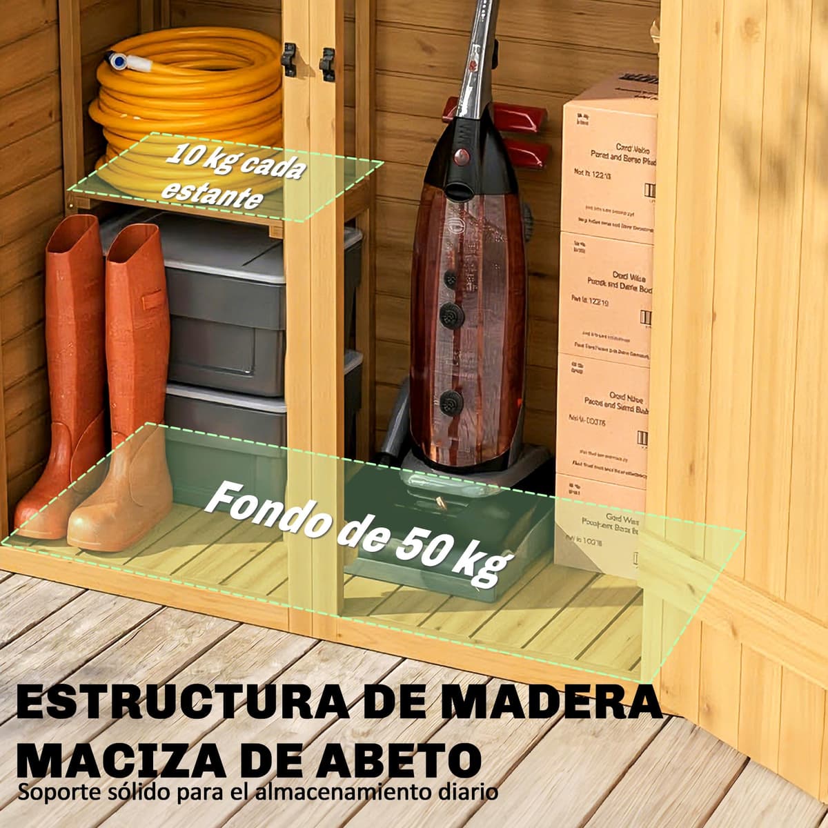 Outsunny Caseta de Jardín de Madera 115x53x156 cm, Cobertizo Jardín Exterior, Armario Exterior para Herramientas con Puertas Dobles con Pestillo, 2 Estantes y Techo Inclinado, Resistente, Marrón — view 5