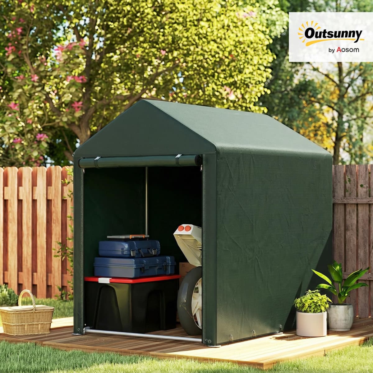 Outsunny Carpa de Jardín Exterior para Herramientas Bicicletas 1,2x1,8x1,65 m, Cobertizo Exterior con 2 Habitaciones, Puerta Enrollable con Cremallera, Impermeable Anti-UV, Garaje Portátil, Verde — view 2