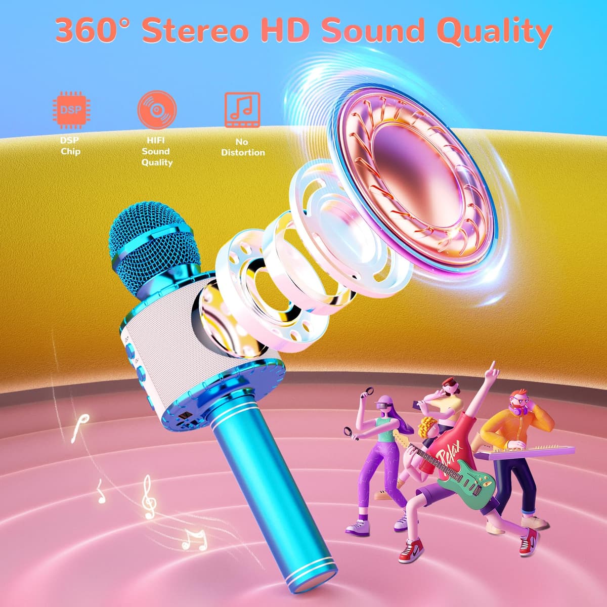 Ankuka Micrófono Karaoke Bluetooth Micrófono Inalámbrico Karaoke Micrófono Niña con Luces LED Regalo Juguetes para Niños Micrófono Cambiador de Voz, Compatible con Android, iOS, PC Azul — view 4