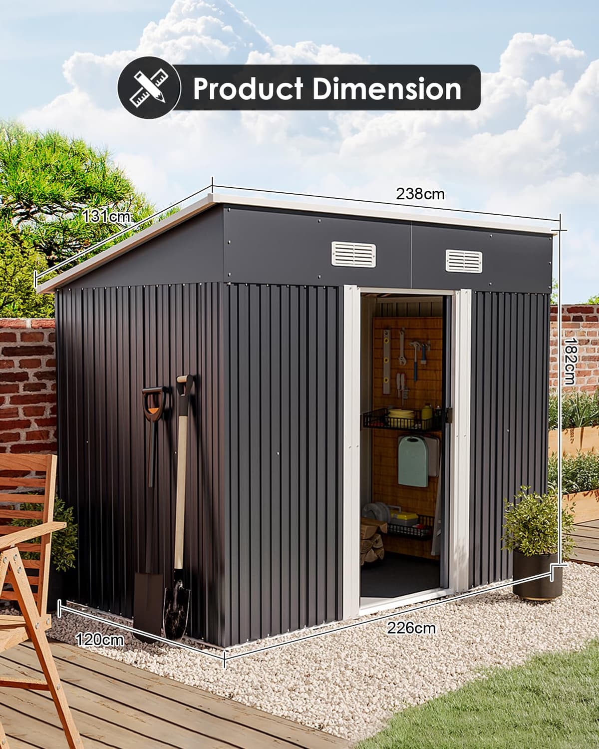 XEMQENER 8 x 4 FT Metal Garden Shed with Base, Lockable Waterproof Outdoor Storage Tool Shed with Pent Roof & Air Vents for Backyard Garden - 238x131x182 cm, Anthracite Grey — view 2